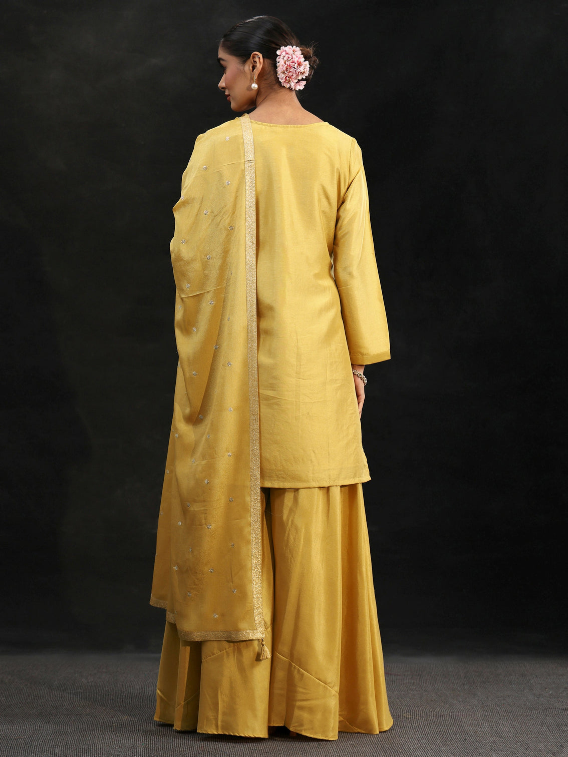 Mameraa Ojaswini Mustard Floral Embellished Silk Blend Palazzo Suit Set