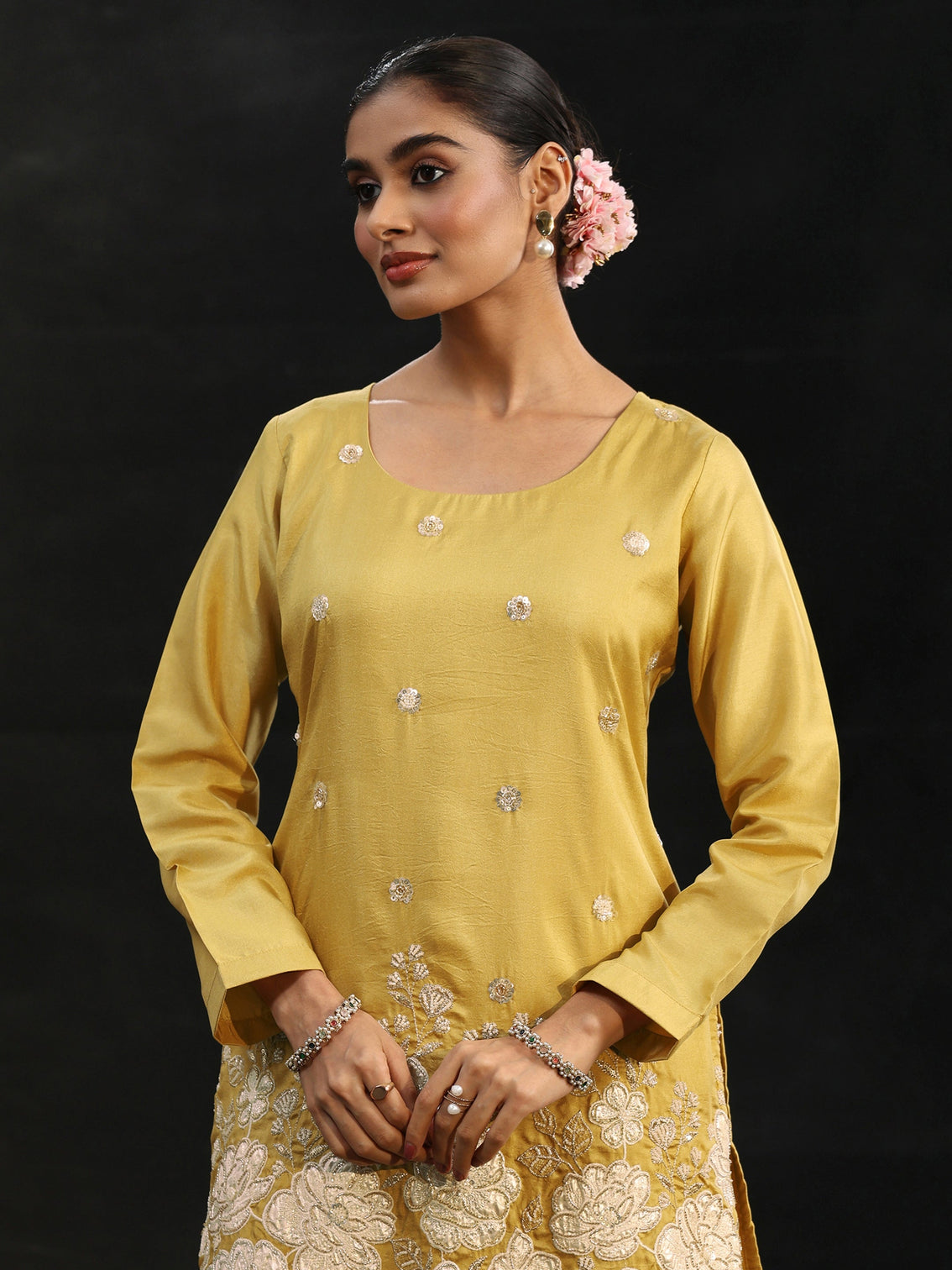 Mameraa Ojaswini Mustard Floral Embellished Silk Blend Palazzo Suit Set