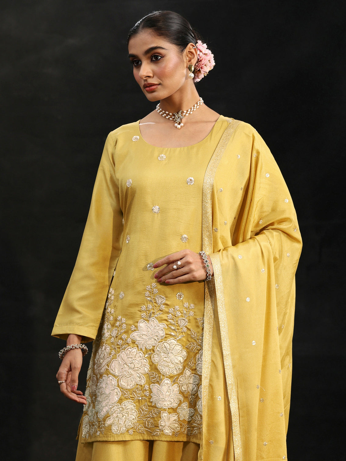 Mameraa Ojaswini Mustard Floral Embellished Silk Blend Palazzo Suit Set