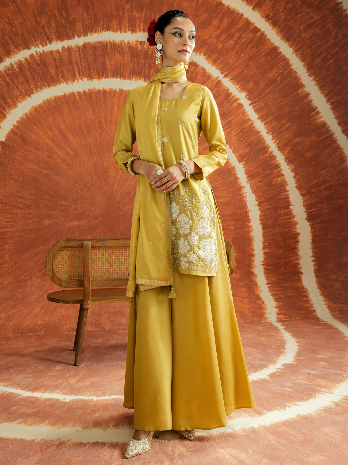 Mameraa Ojaswini Mustard Floral Embellished Silk Blend Palazzo Suit Set