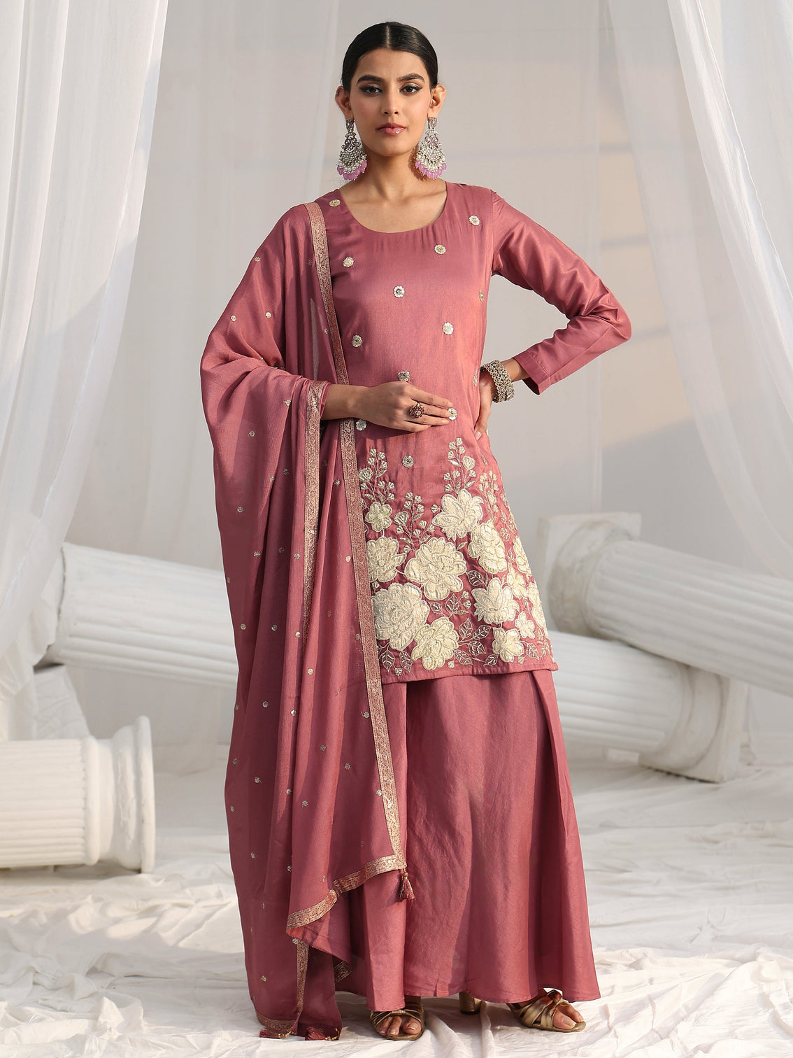 Mameraa Mauve Pink Floral Embellished Silk Blend Palazzo Suit Set