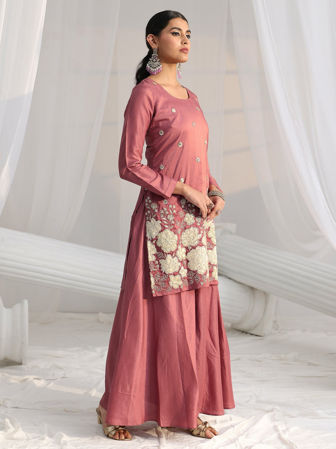 Mameraa Mauve Pink Floral Embellished Silk Blend Palazzo Suit Set