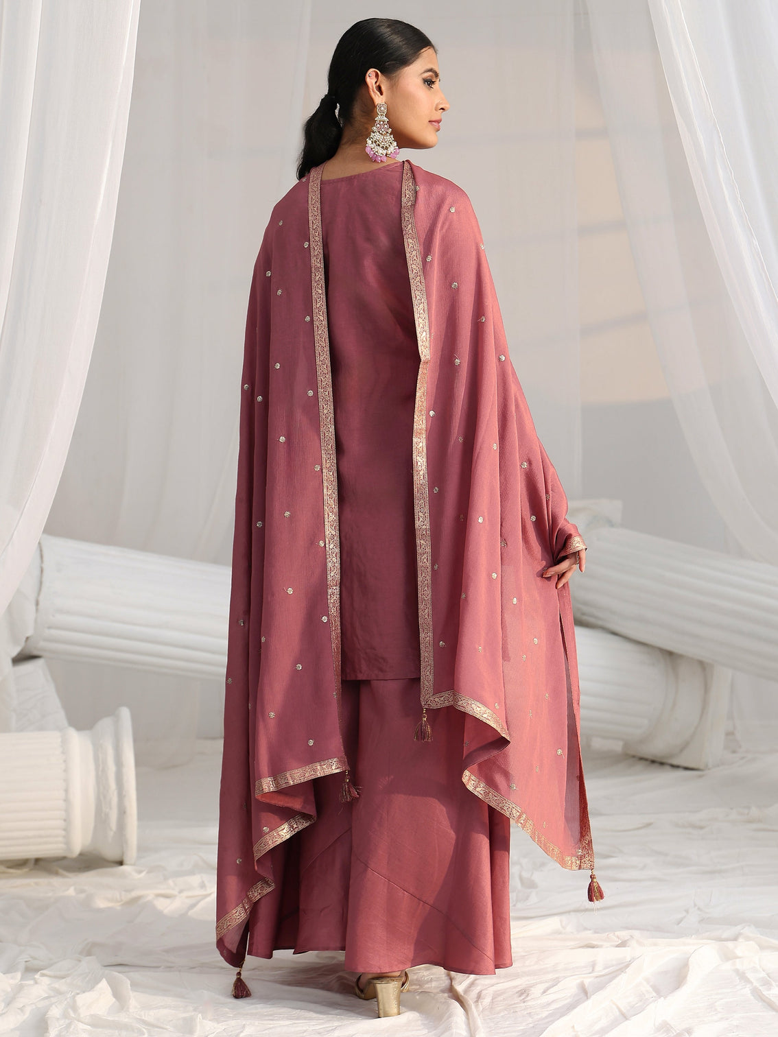 Mameraa Mauve Pink Floral Embellished Silk Blend Palazzo Suit Set