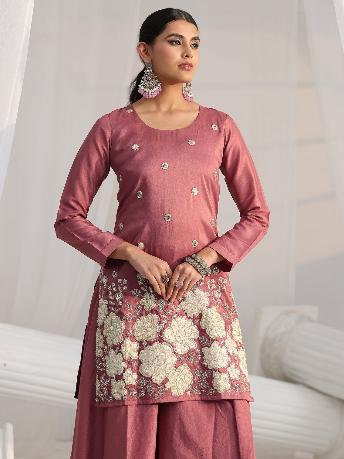 Mameraa Mauve Pink Floral Embellished Silk Blend Palazzo Suit Set