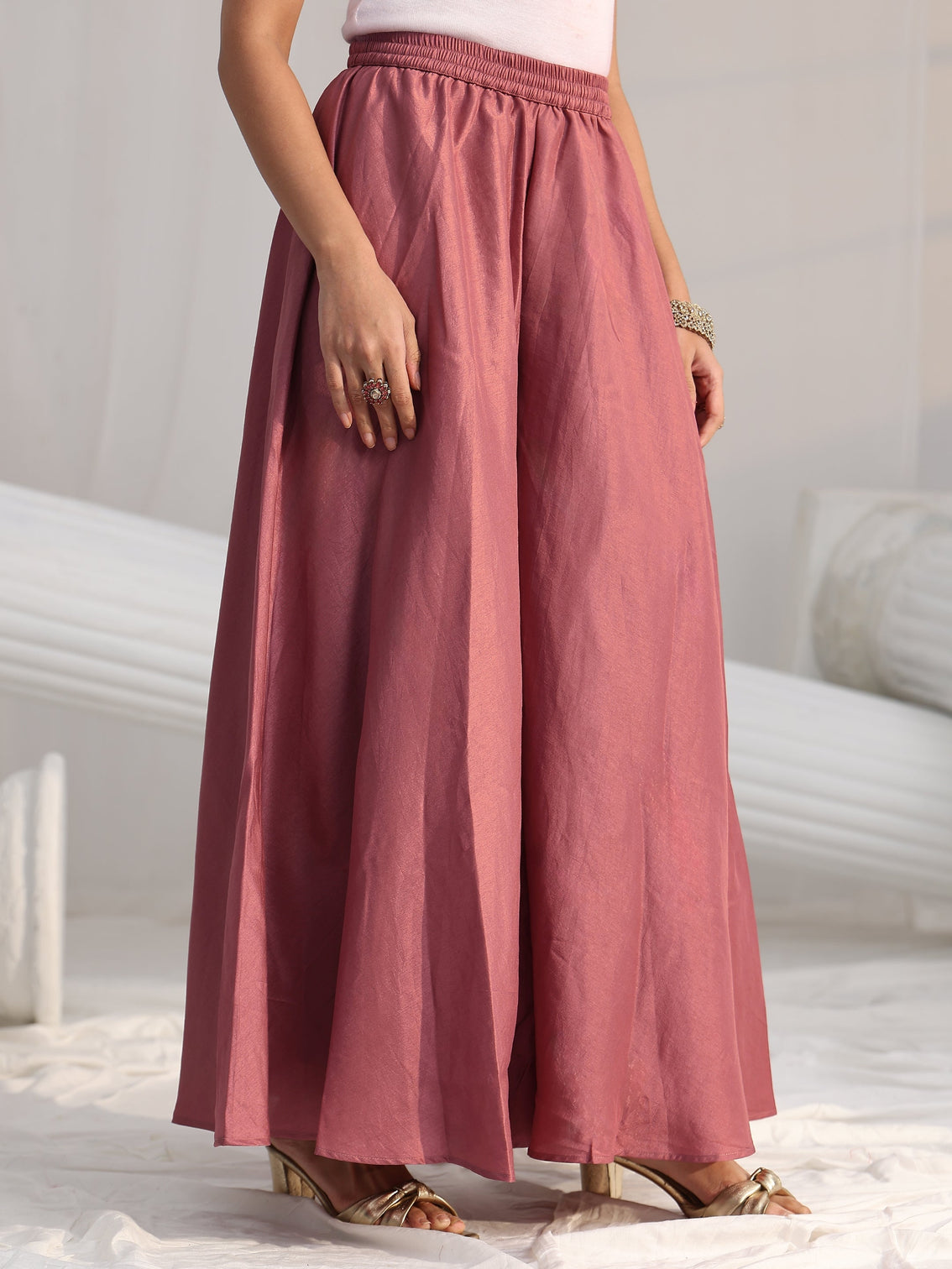 Mameraa Mauve Pink Floral Embellished Silk Blend Palazzo Suit Set