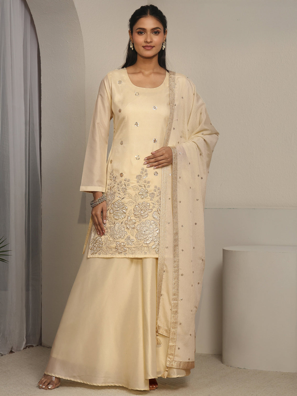 Mameraa Cream Floral Embroidered Silk Blend Palazzo Suit Set