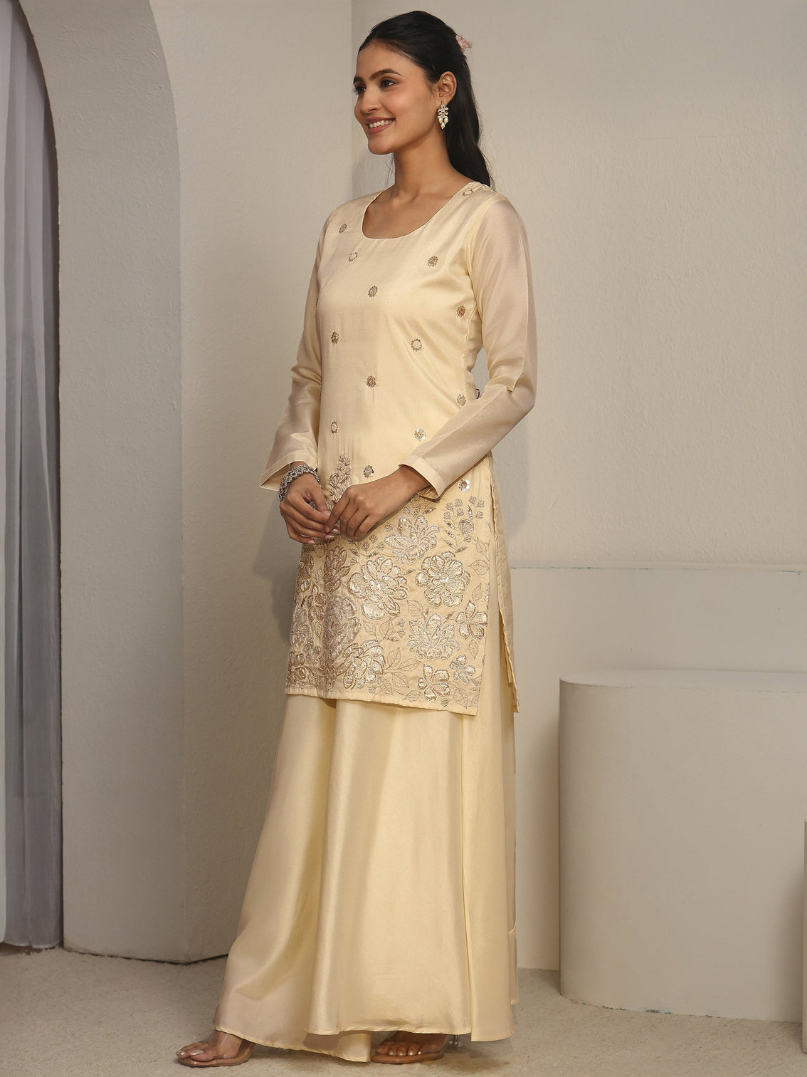 Mameraa Cream Floral Embroidered Silk Blend Palazzo Suit Set