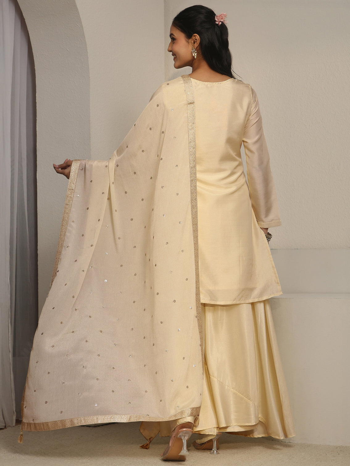 Mameraa Cream Floral Embroidered Silk Blend Palazzo Suit Set