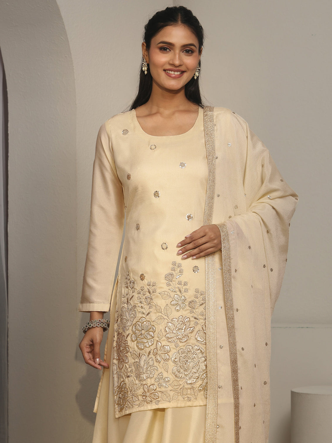 Mameraa Cream Floral Embroidered Silk Blend Palazzo Suit Set
