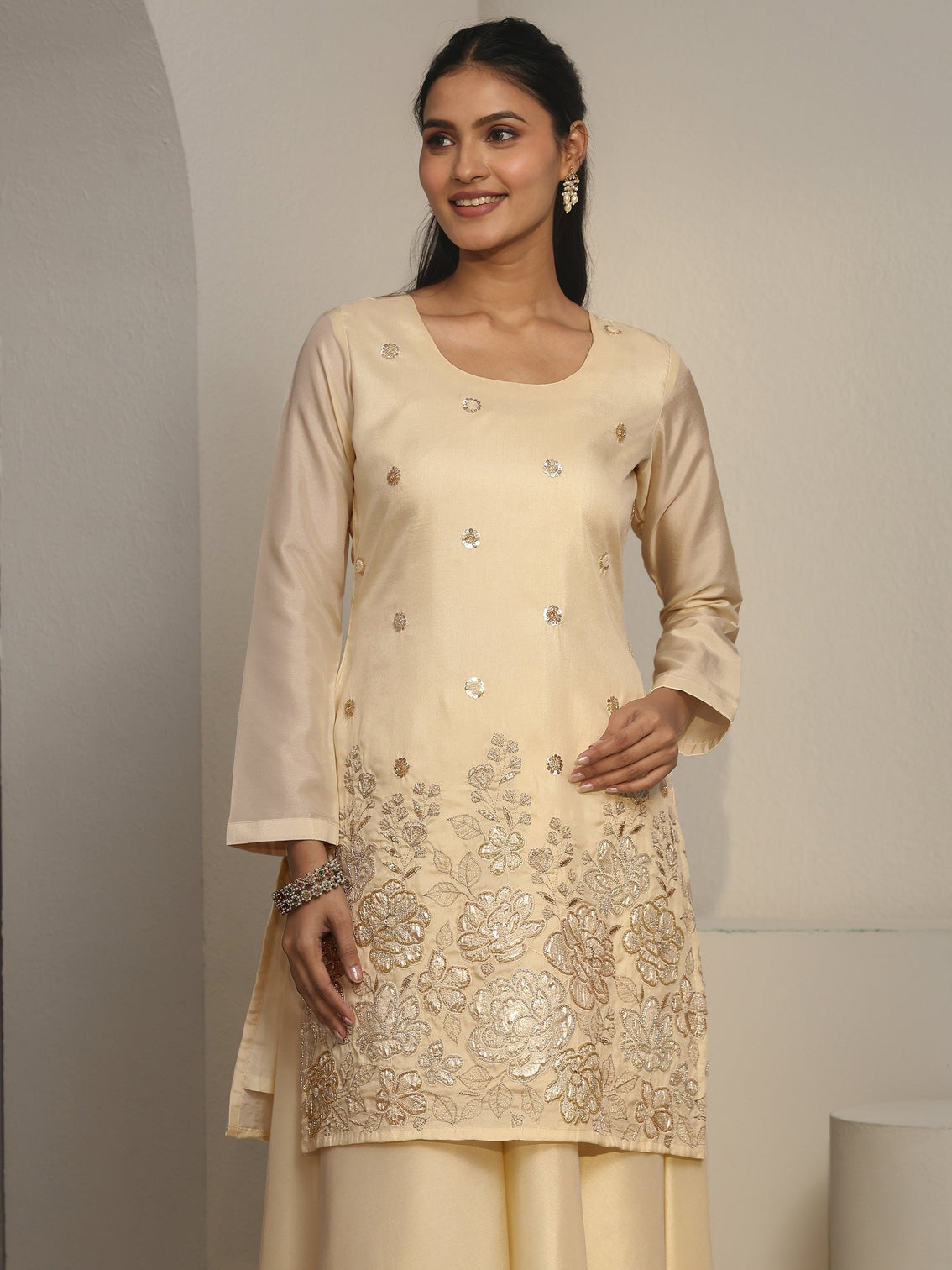 Mameraa Cream Floral Embroidered Silk Blend Palazzo Suit Set