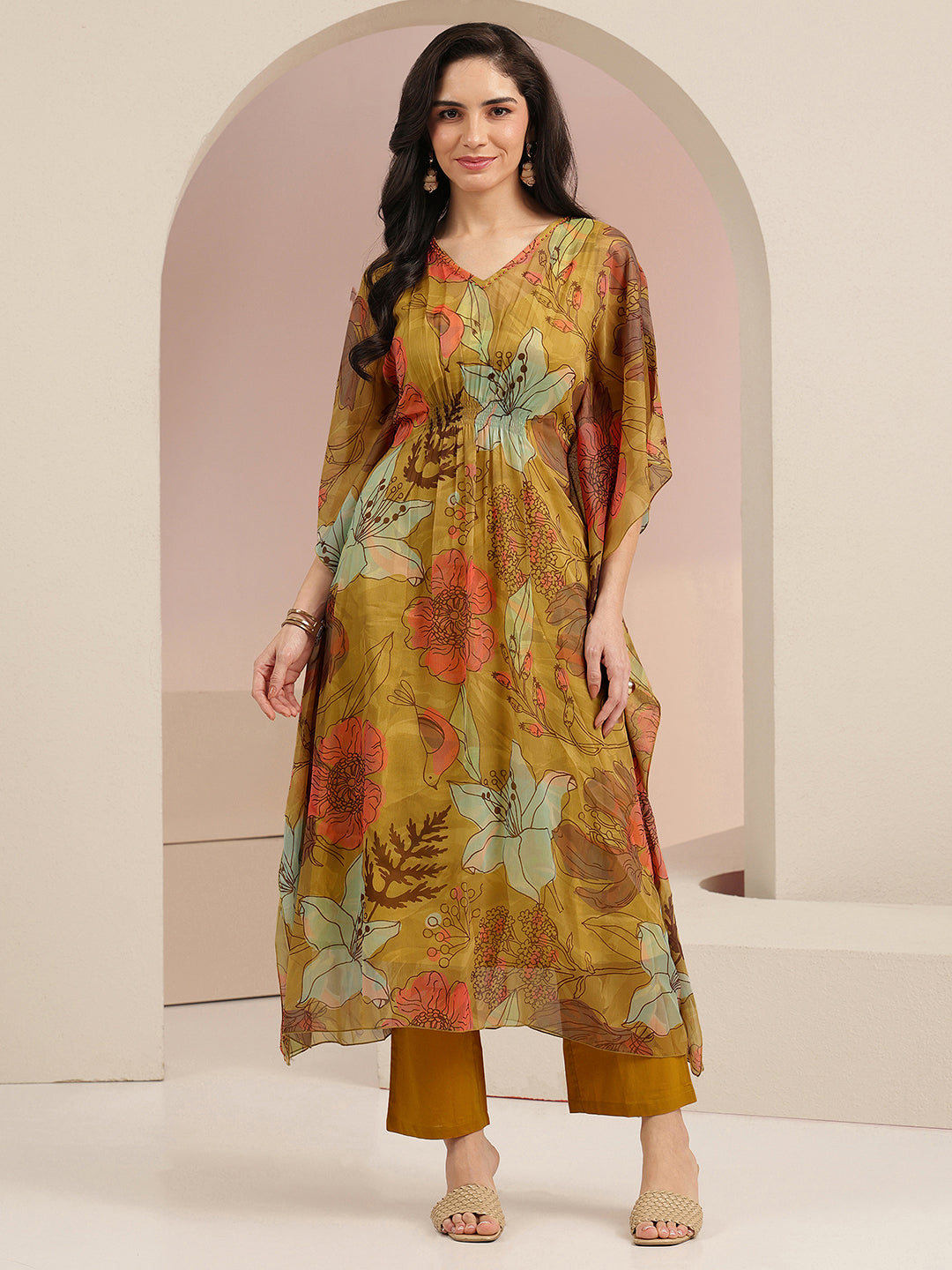 Mameraa Mustard Floral Printed 3 Piece Chiffon Kaftan Kurta Set