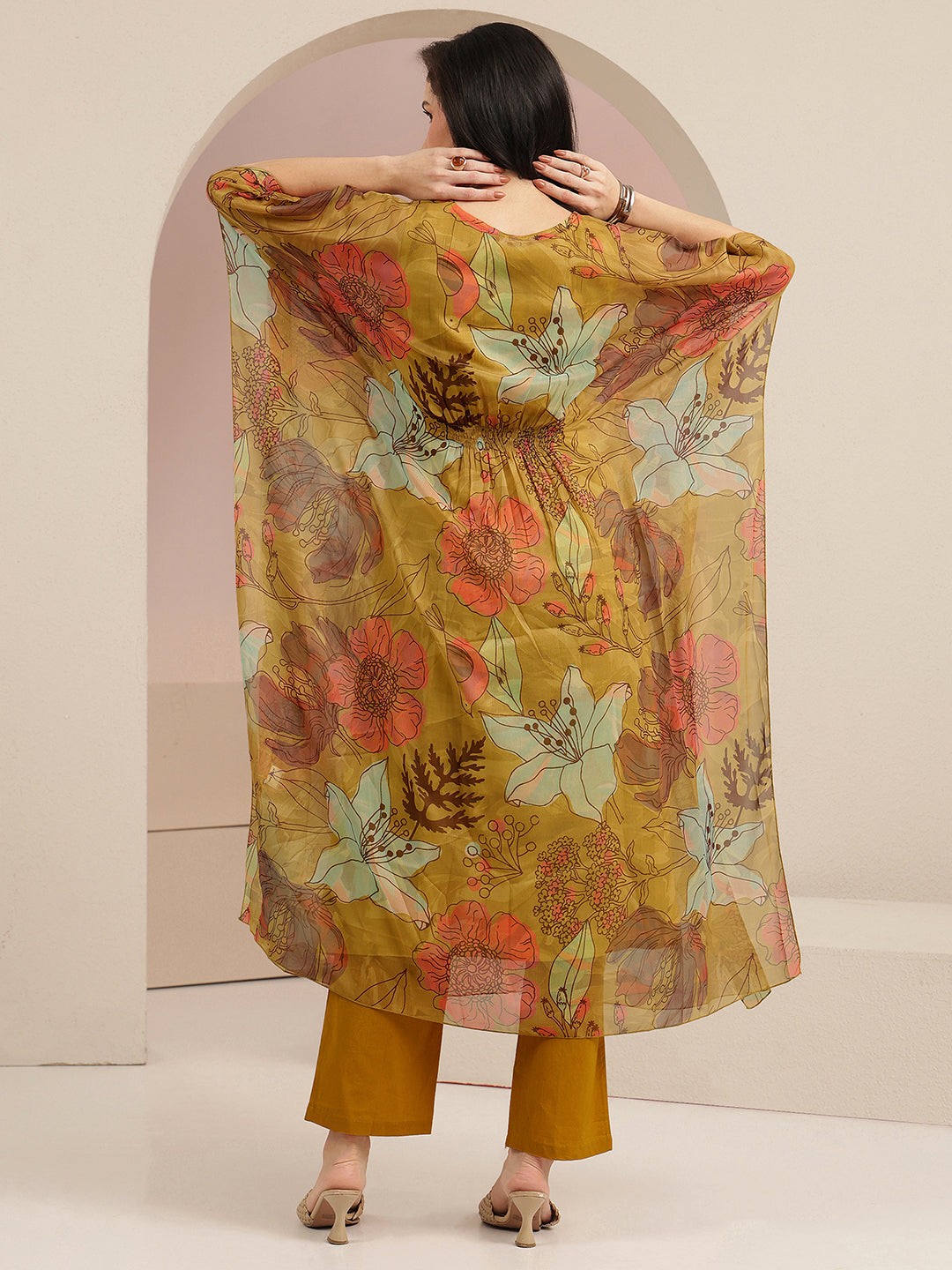 Mameraa Mustard Floral Printed 3 Piece Chiffon Kaftan Kurta Set