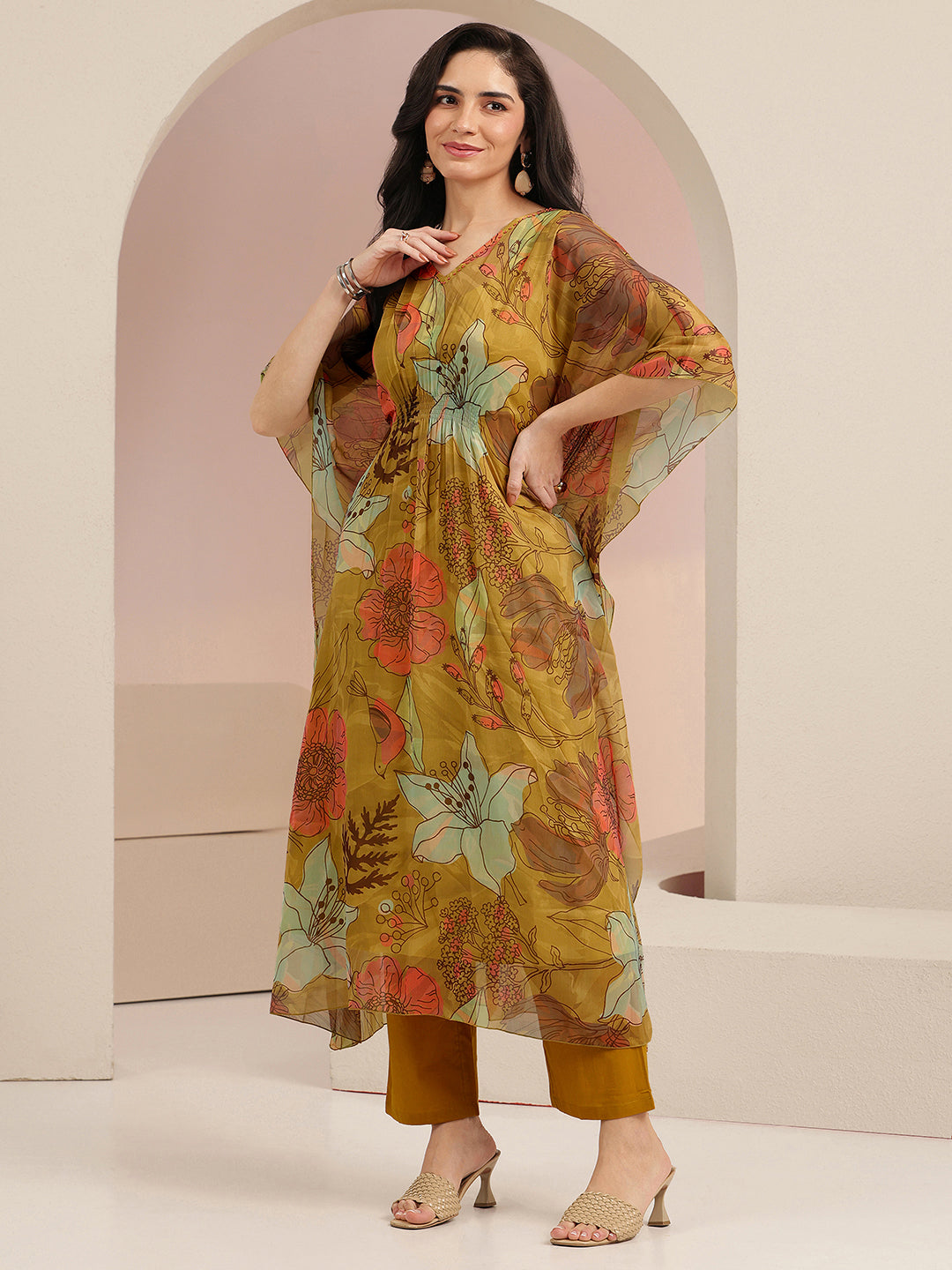 Mameraa Mustard Floral Printed 3 Piece Chiffon Kaftan Kurta Set