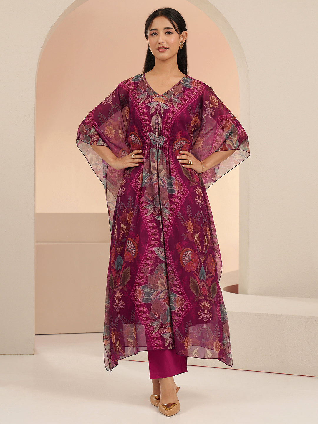 Mameraa Burgundy Floral Printed 3 Piece Chiffon Kaftan Kurta Set