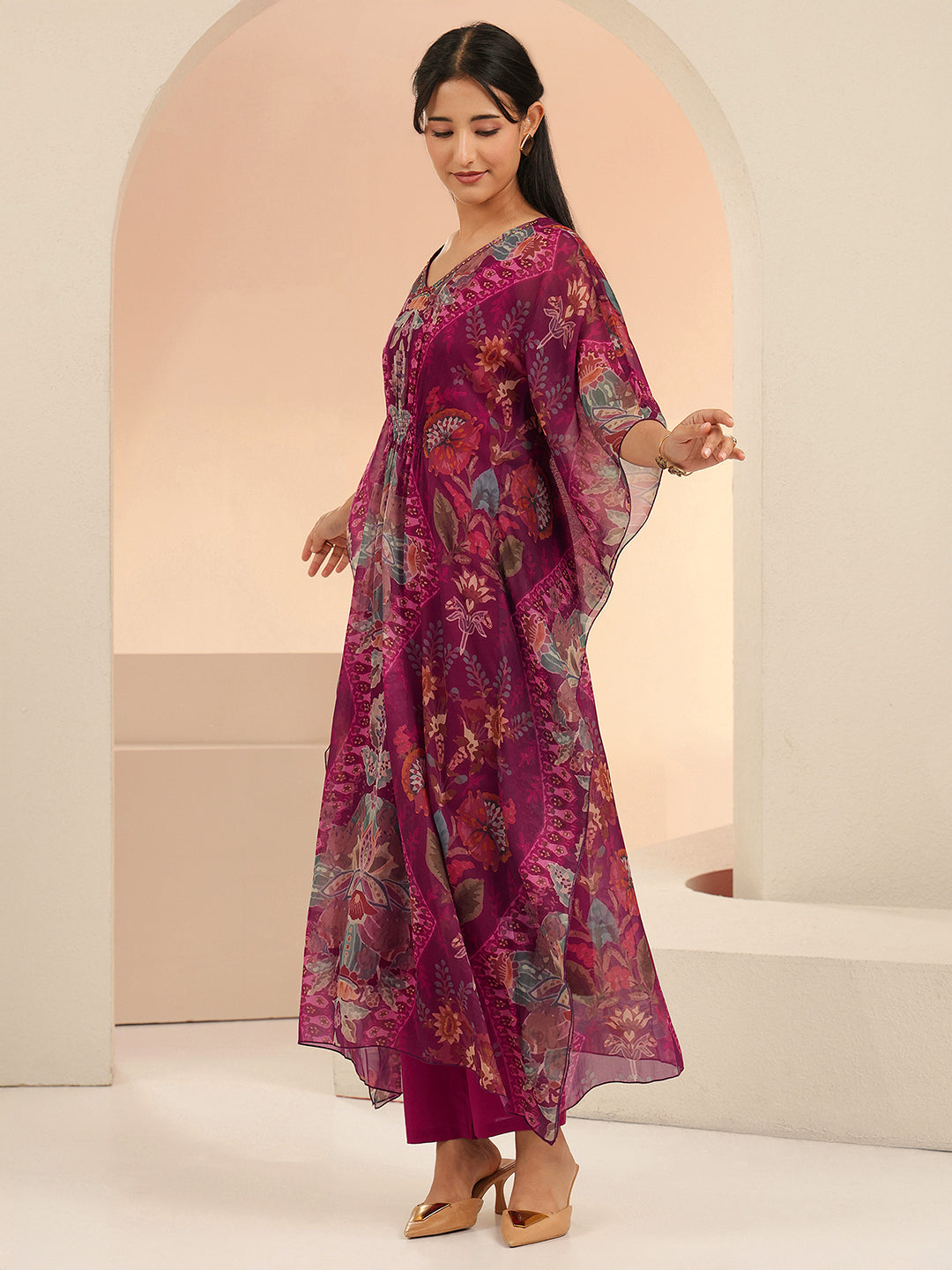 Mameraa Burgundy Floral Printed 3 Piece Chiffon Kaftan Kurta Set