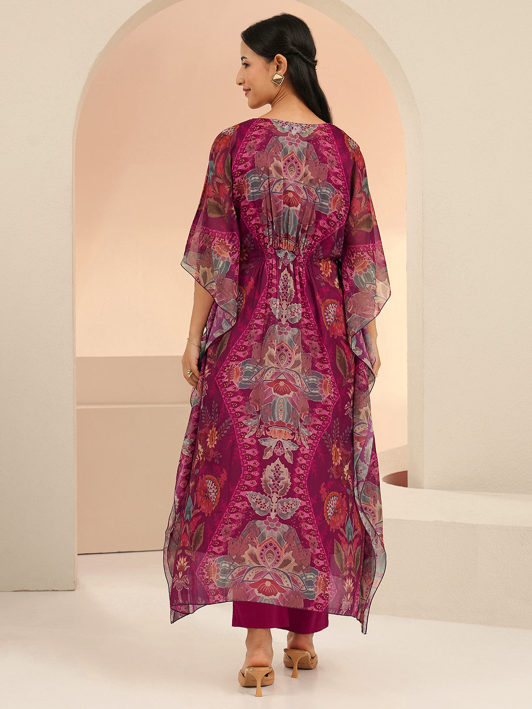 Mameraa Burgundy Floral Printed 3 Piece Chiffon Kaftan Kurta Set