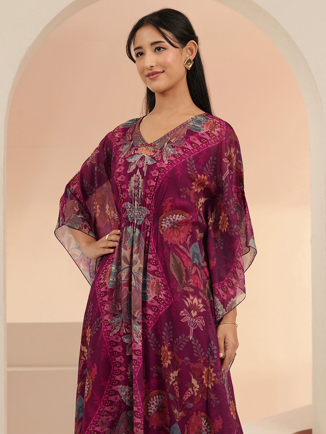 Mameraa Burgundy Floral Printed 3 Piece Chiffon Kaftan Kurta Set