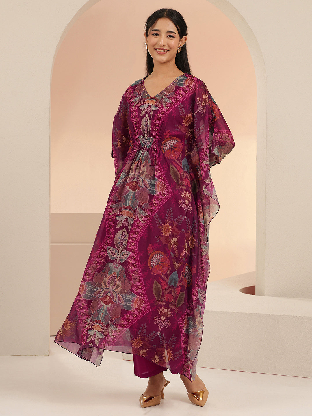 Mameraa Burgundy Floral Printed 3 Piece Chiffon Kaftan Kurta Set