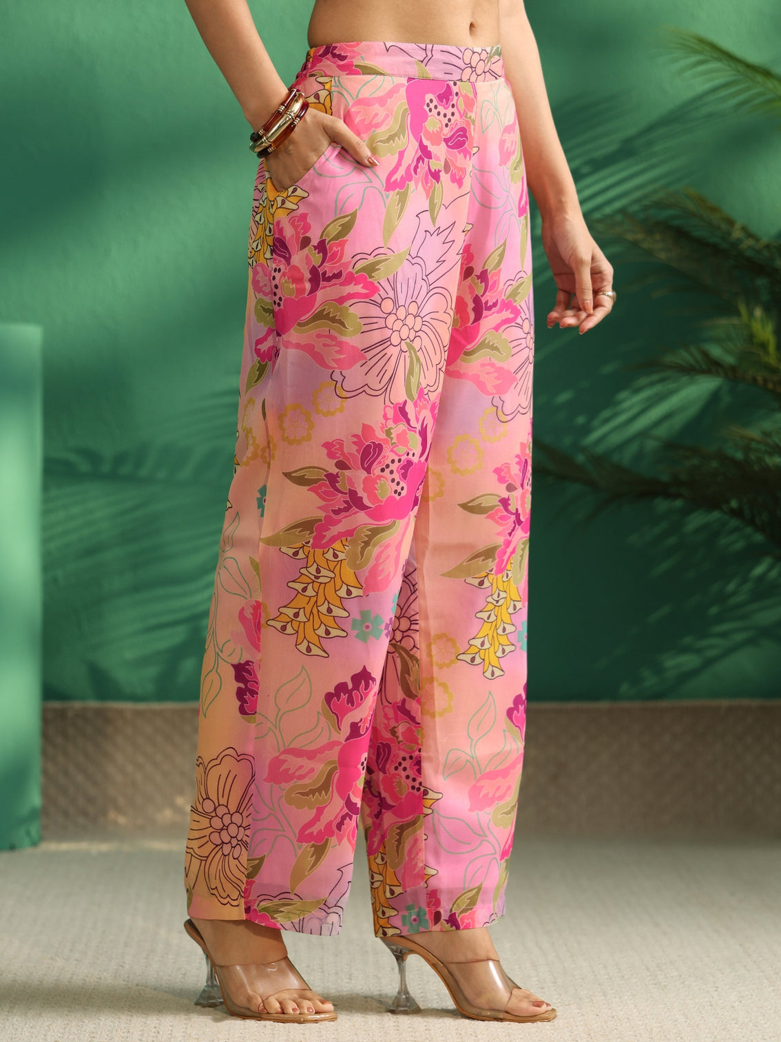 Mameraa Pink Floral Printed Chiffon A-Line Kurta Set