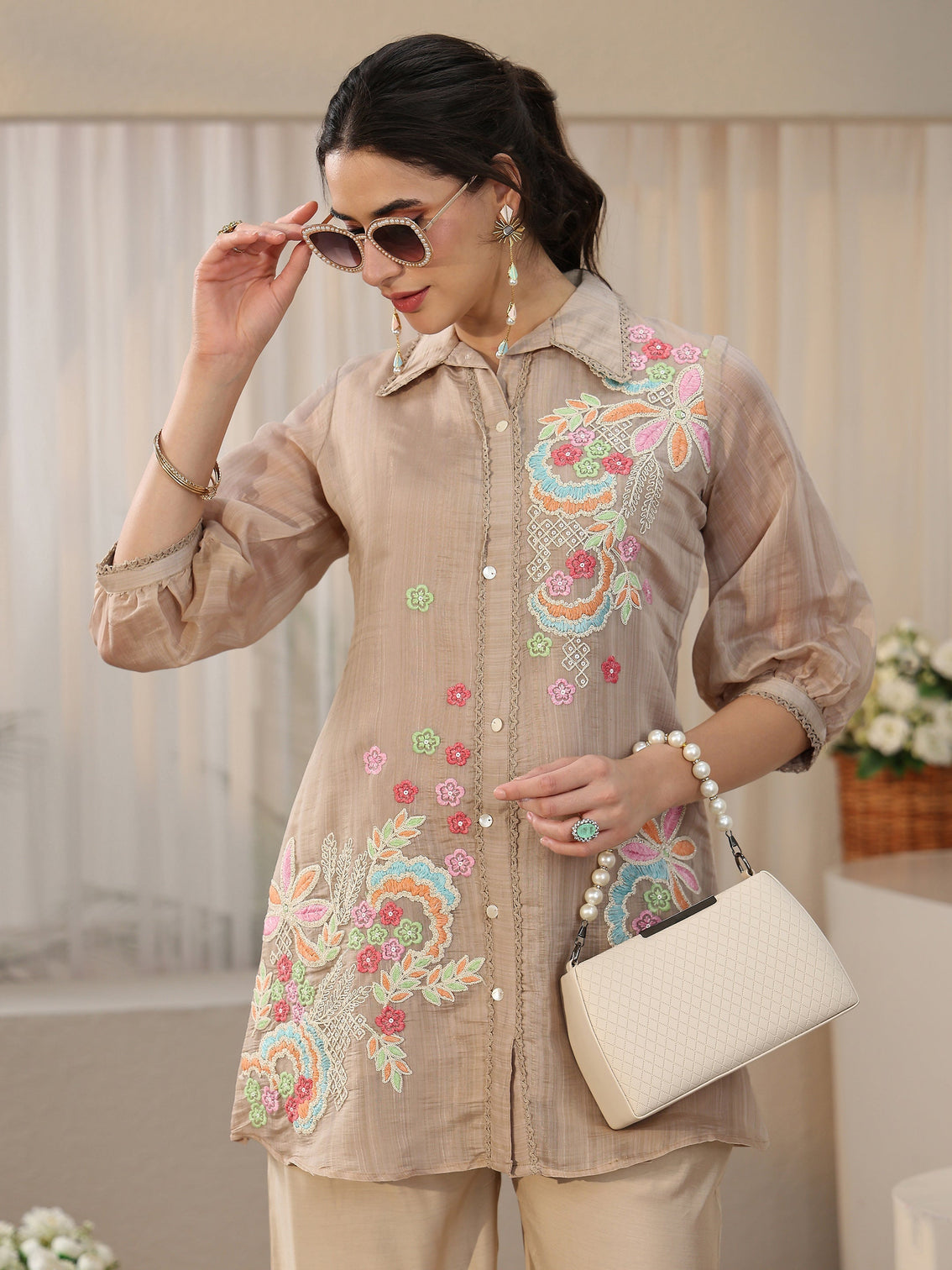 Mameraa Beige Floral Embroidered Chanderi Cotton Co-Ord Set