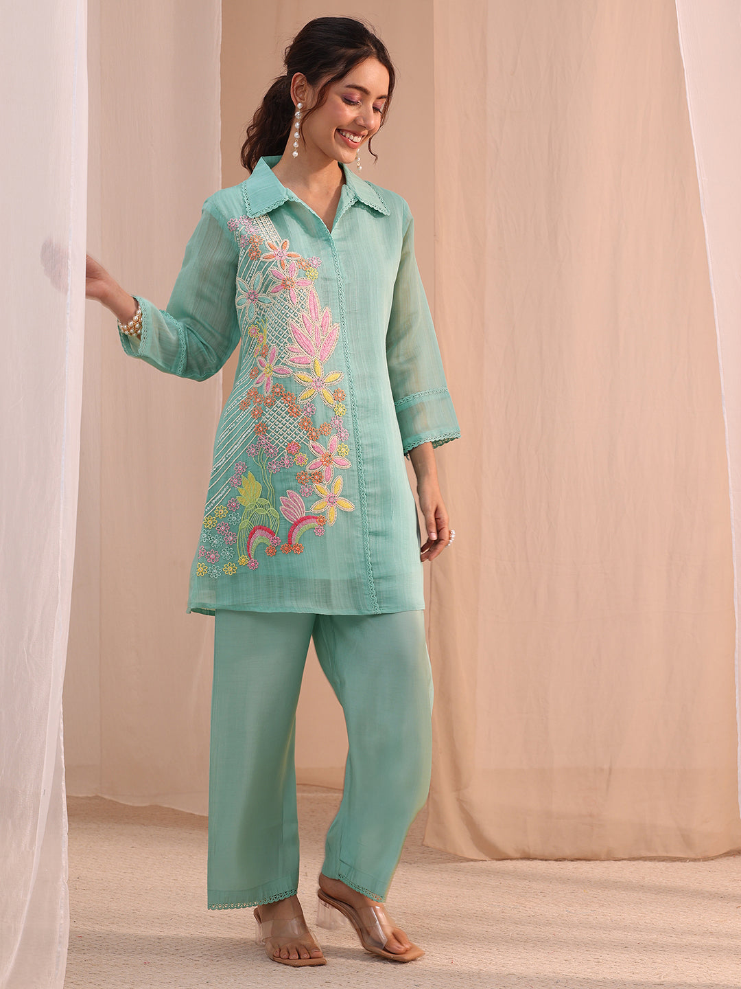 Mameraa Blue Floral Embroidered Chanderi Cotton Co-Ord Set