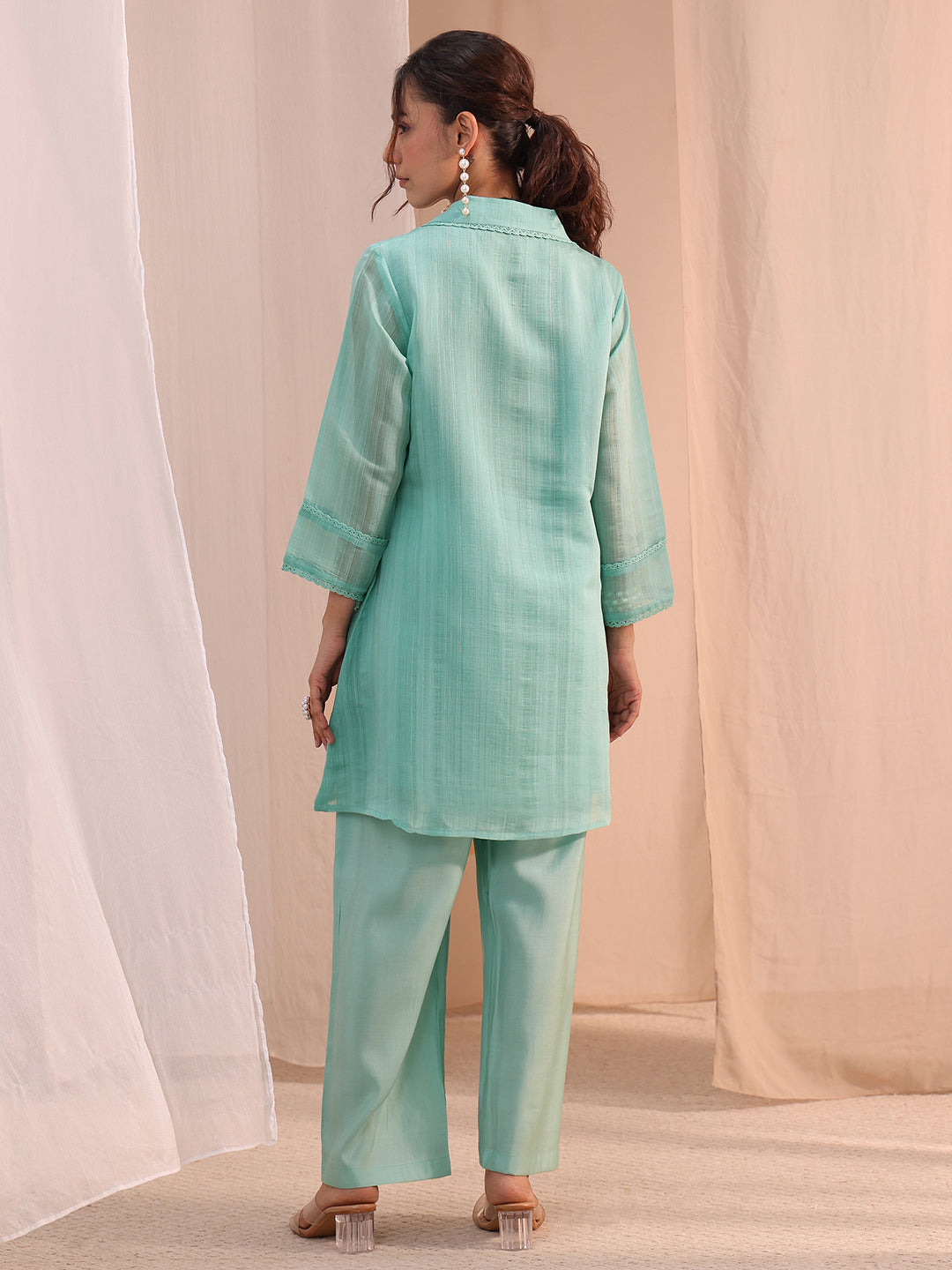 Mameraa Blue Floral Embroidered Chanderi Cotton Co-Ord Set