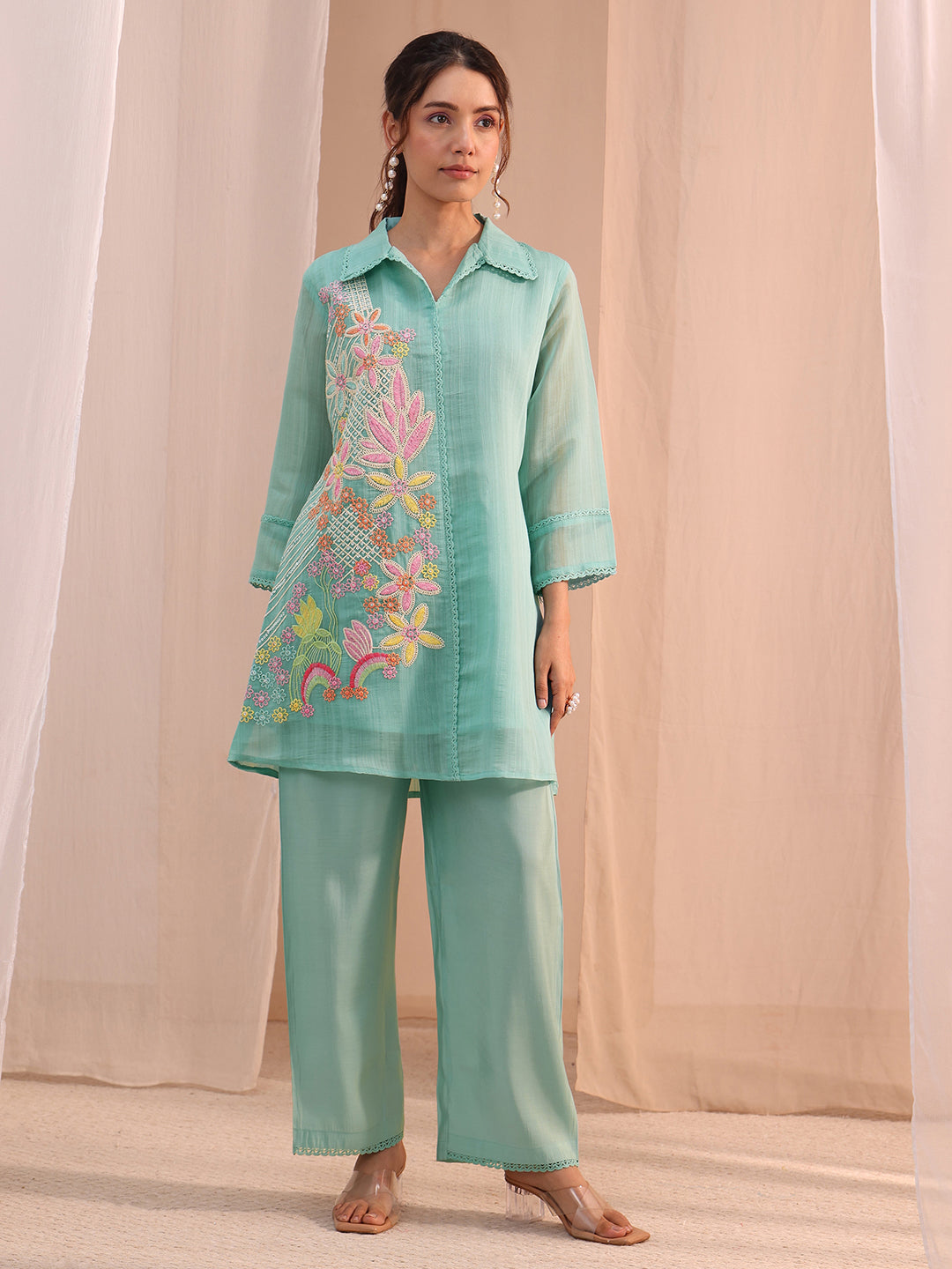 Mameraa Blue Floral Embroidered Chanderi Cotton Co-Ord Set