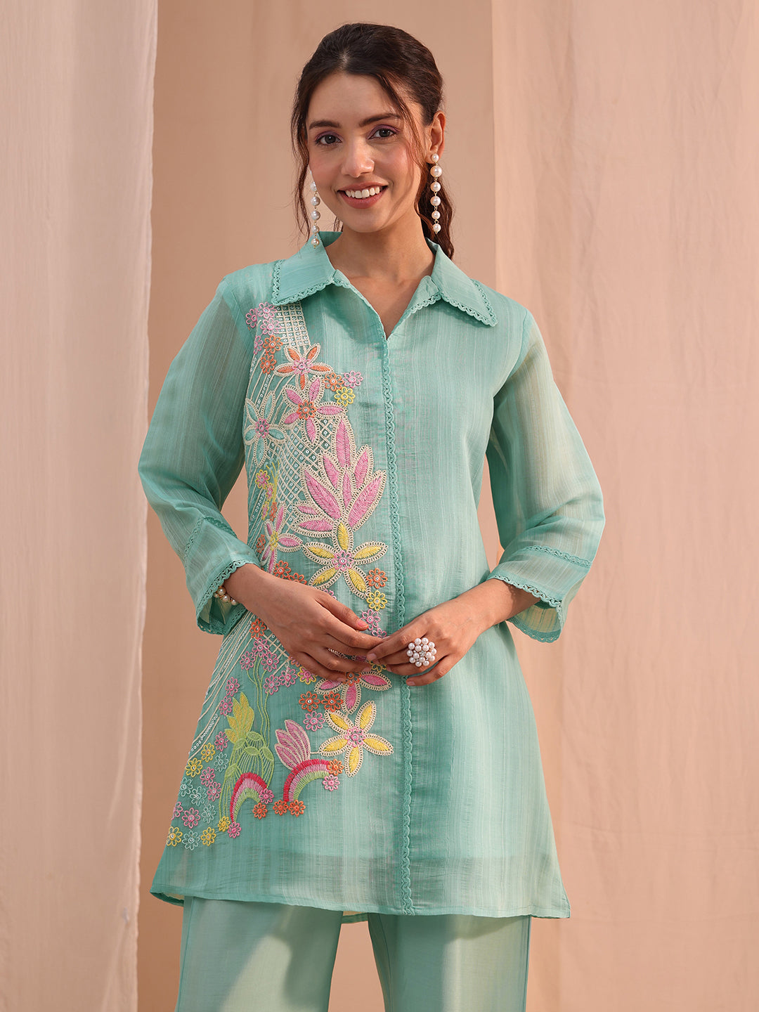 Mameraa Blue Floral Embroidered Chanderi Cotton Co-Ord Set