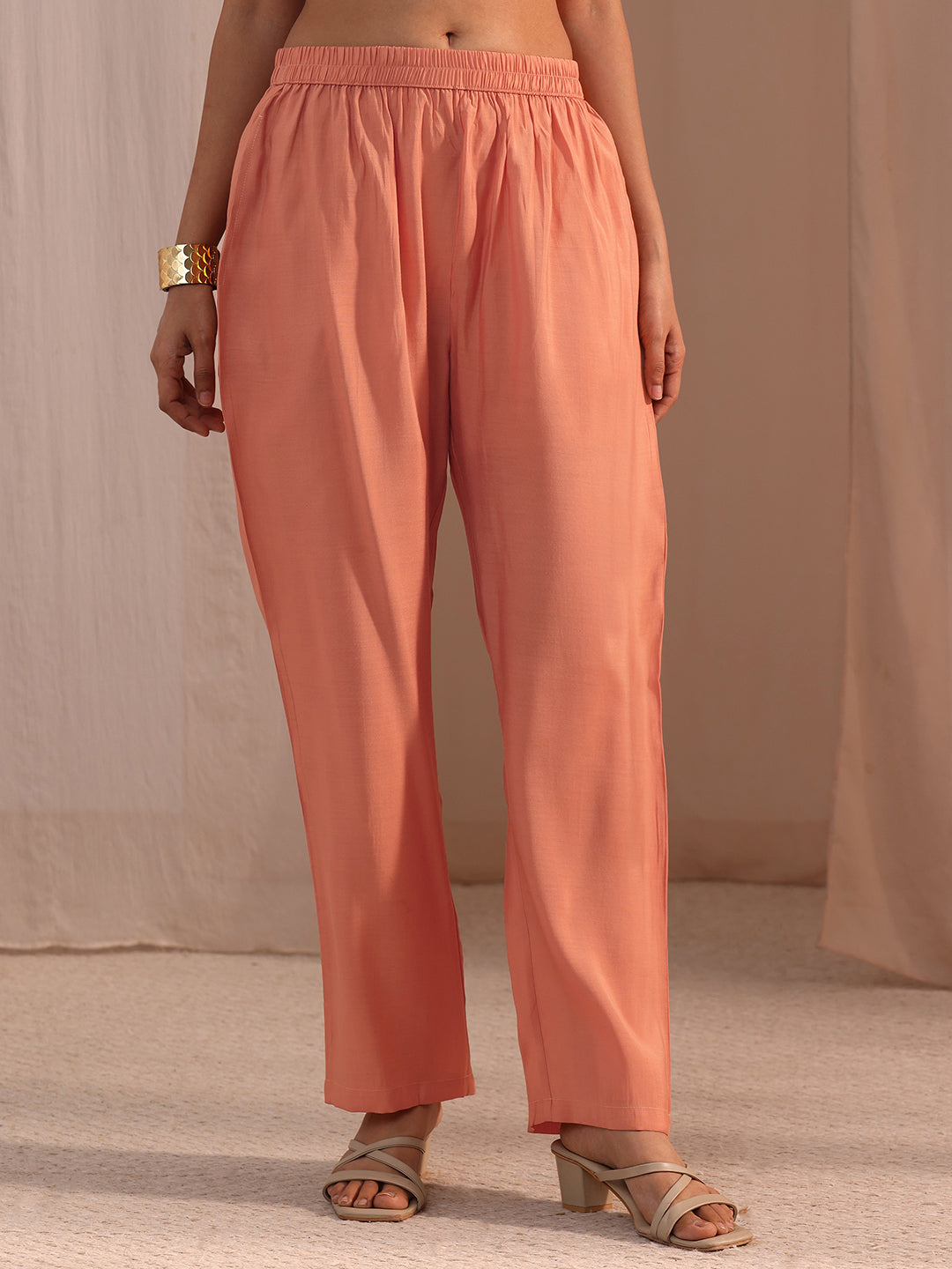 Mameraa Peach Floral Embroidered Chanderi Cotton Co-Ord Set