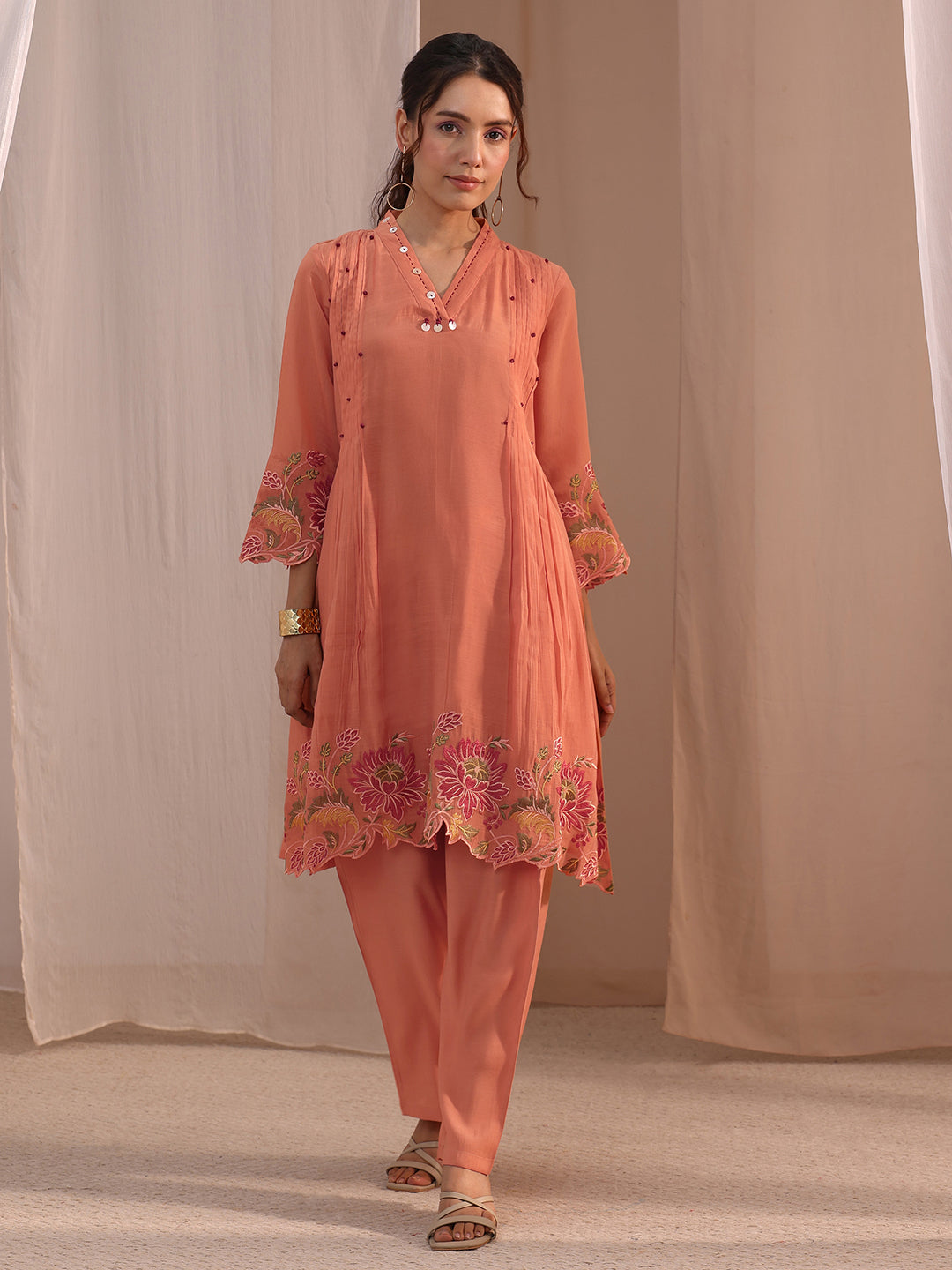 Mameraa Peach Floral Embroidered Chanderi Cotton Co-Ord Set