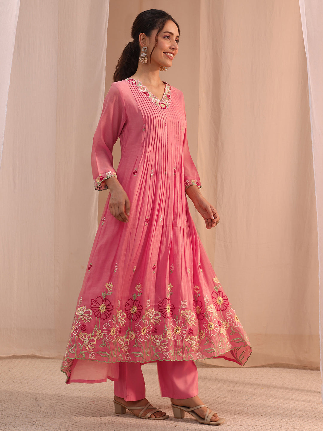 Mameraa Pink Floral Embroidered Chanderi Cotton A-Line Suit Set