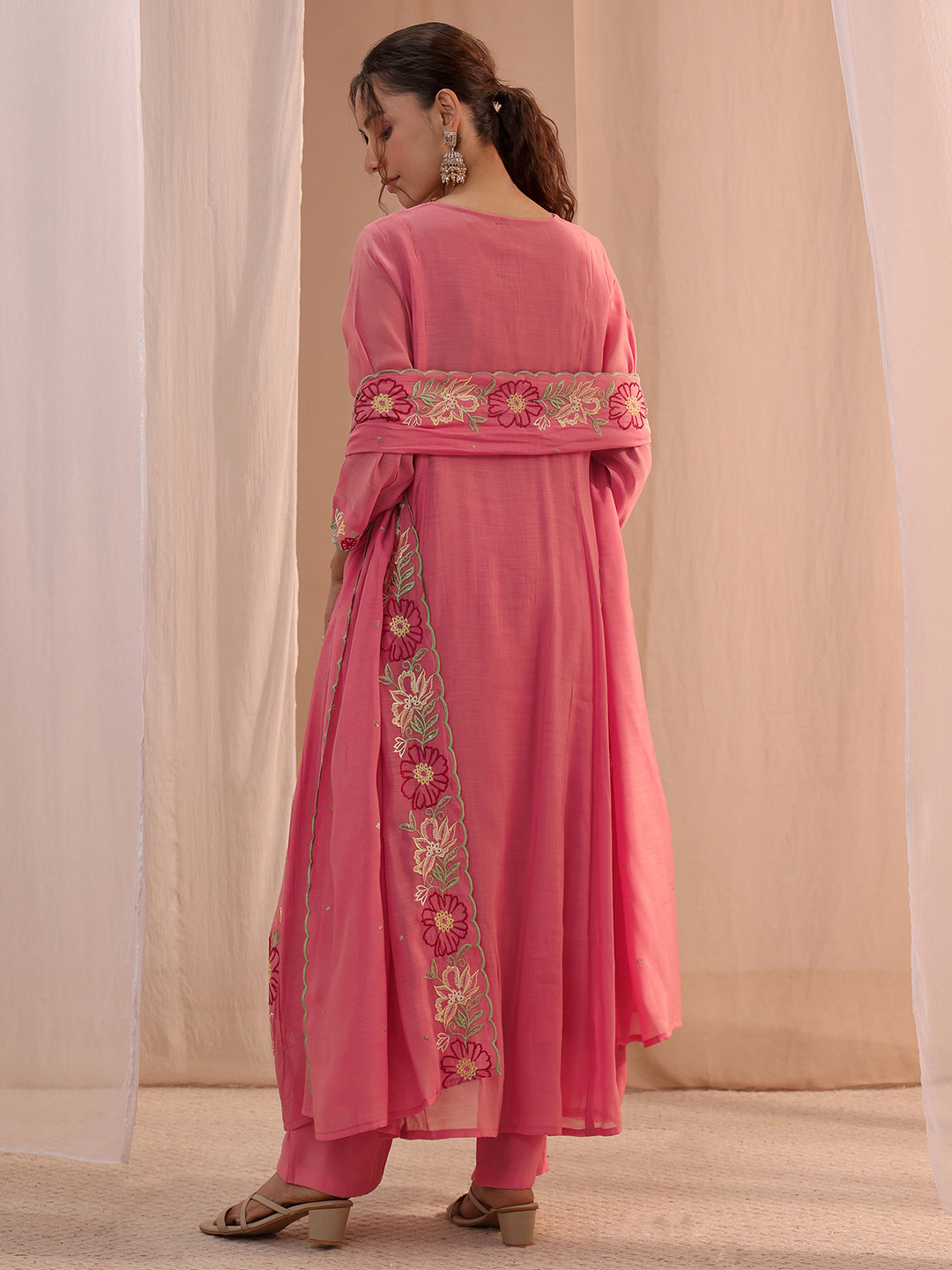 Mameraa Pink Floral Embroidered Chanderi Cotton A-Line Suit Set