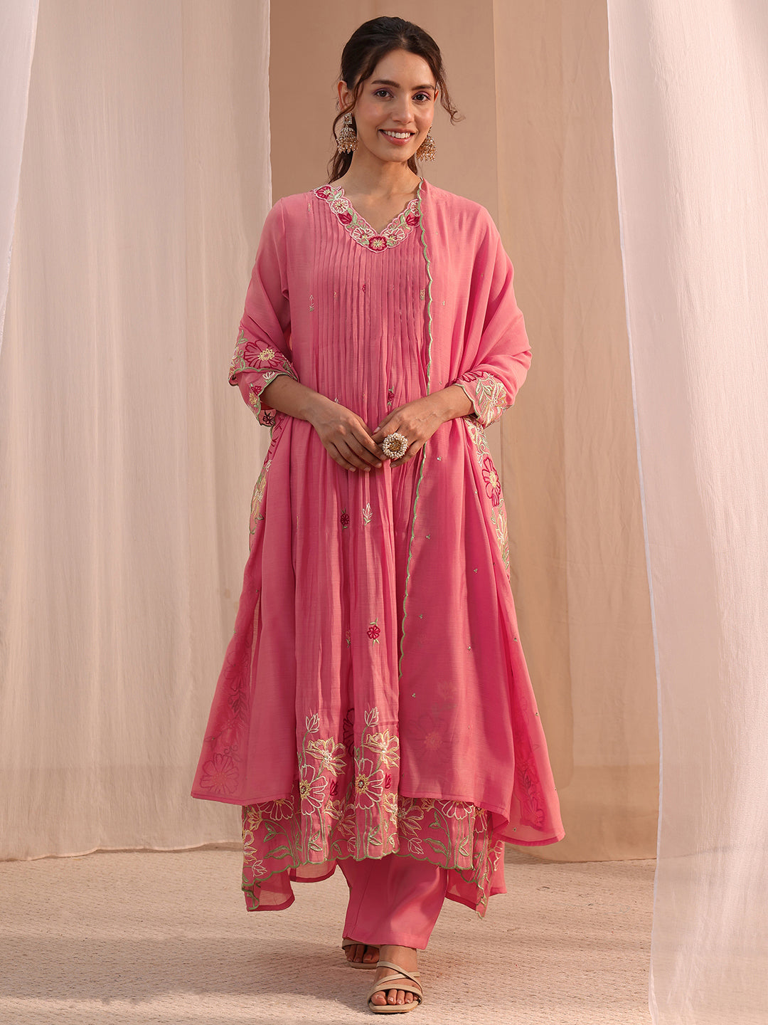 Mameraa Pink Floral Embroidered Chanderi Cotton A-Line Suit Set