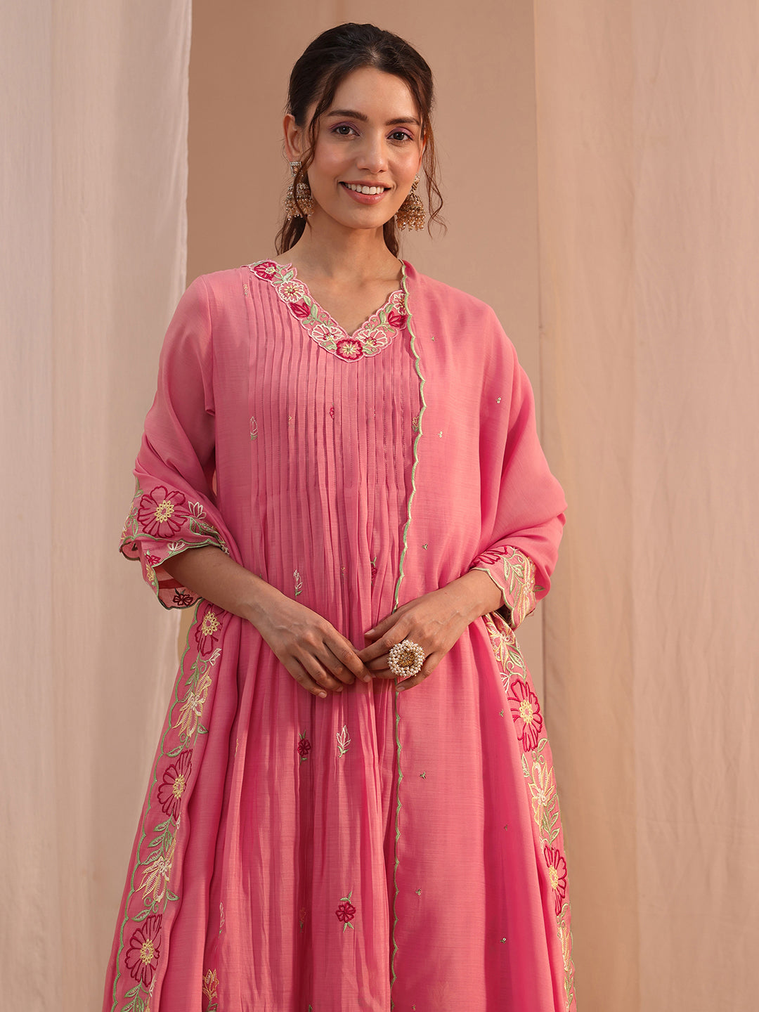 Mameraa Pink Floral Embroidered Chanderi Cotton A-Line Suit Set