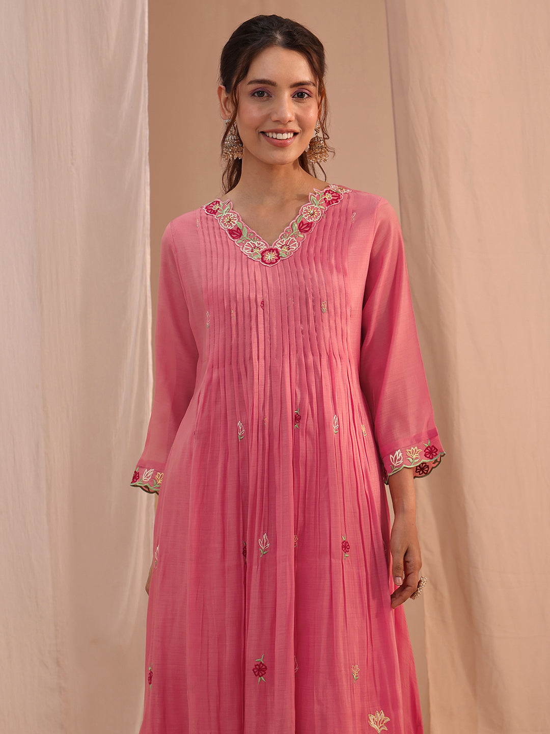 Mameraa Pink Floral Embroidered Chanderi Cotton A-Line Suit Set