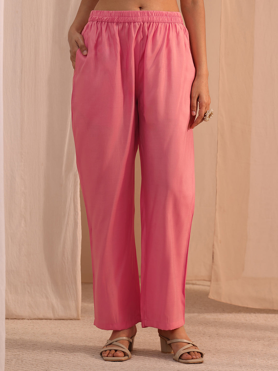 Mameraa Pink Floral Embroidered Chanderi Cotton A-Line Suit Set