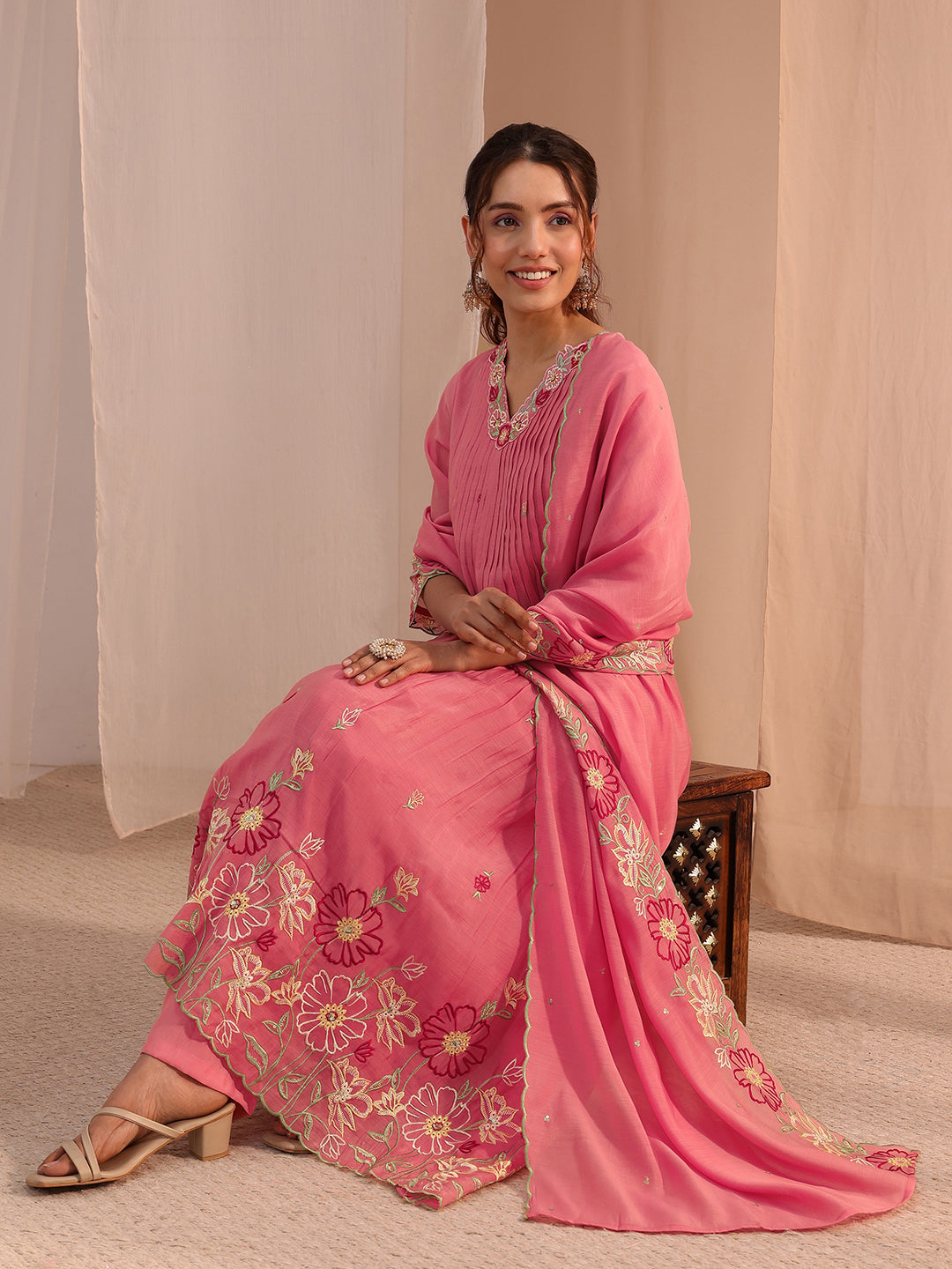 Mameraa Pink Floral Embroidered Chanderi Cotton A-Line Suit Set