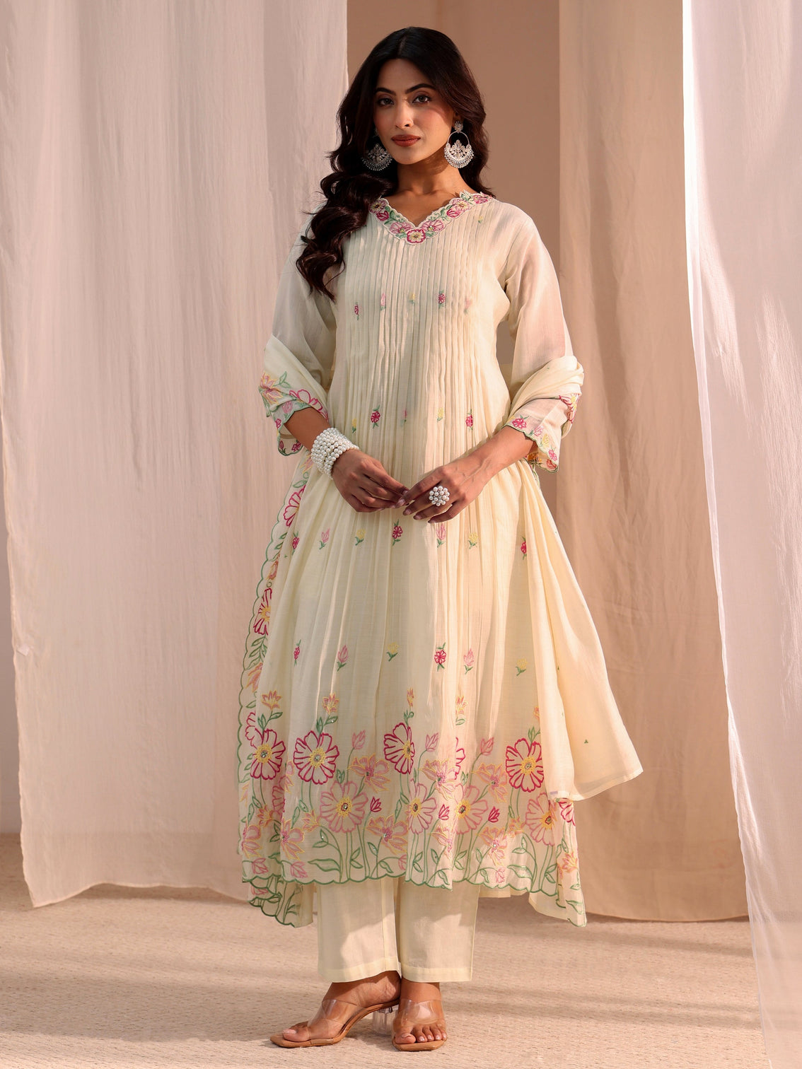Mameraa White Floral Embroidered Chanderi Cotton Anarkali Suit Set