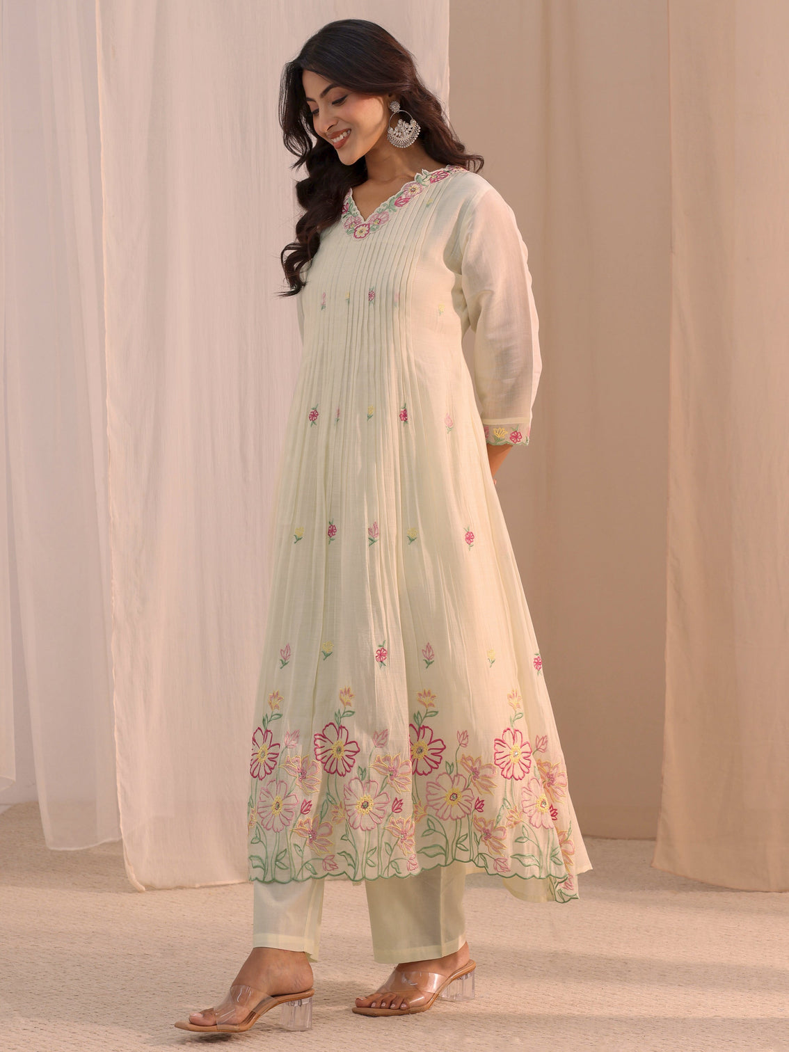 Mameraa White Floral Embroidered Chanderi Cotton Anarkali Suit Set