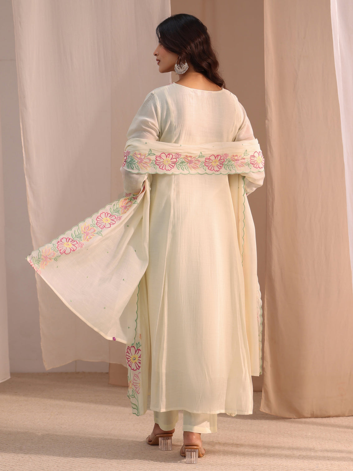 Mameraa White Floral Embroidered Chanderi Cotton Anarkali Suit Set