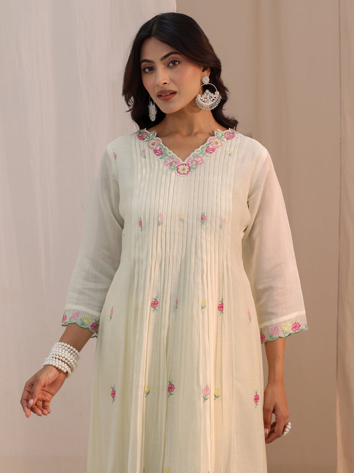 Mameraa White Floral Embroidered Chanderi Cotton Anarkali Suit Set