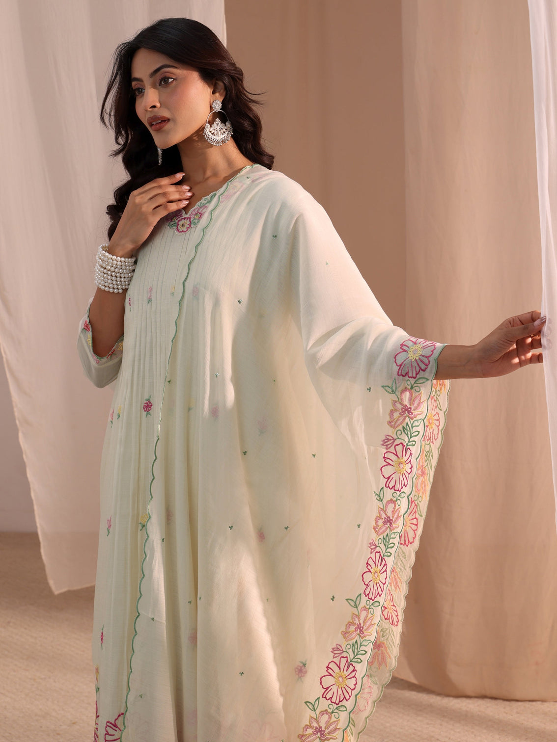 Mameraa White Floral Embroidered Chanderi Cotton Anarkali Suit Set