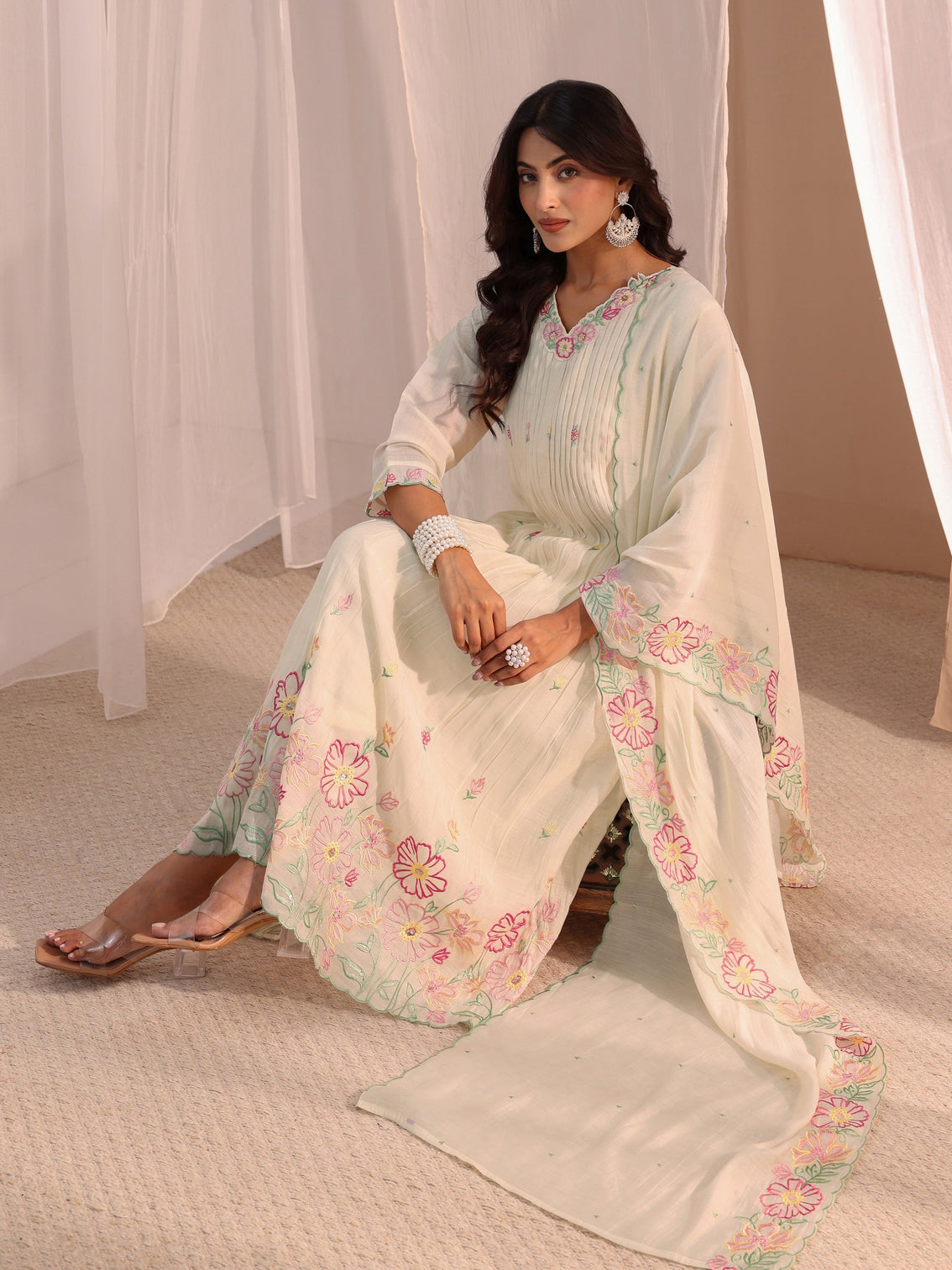 Mameraa White Floral Embroidered Chanderi Cotton Anarkali Suit Set