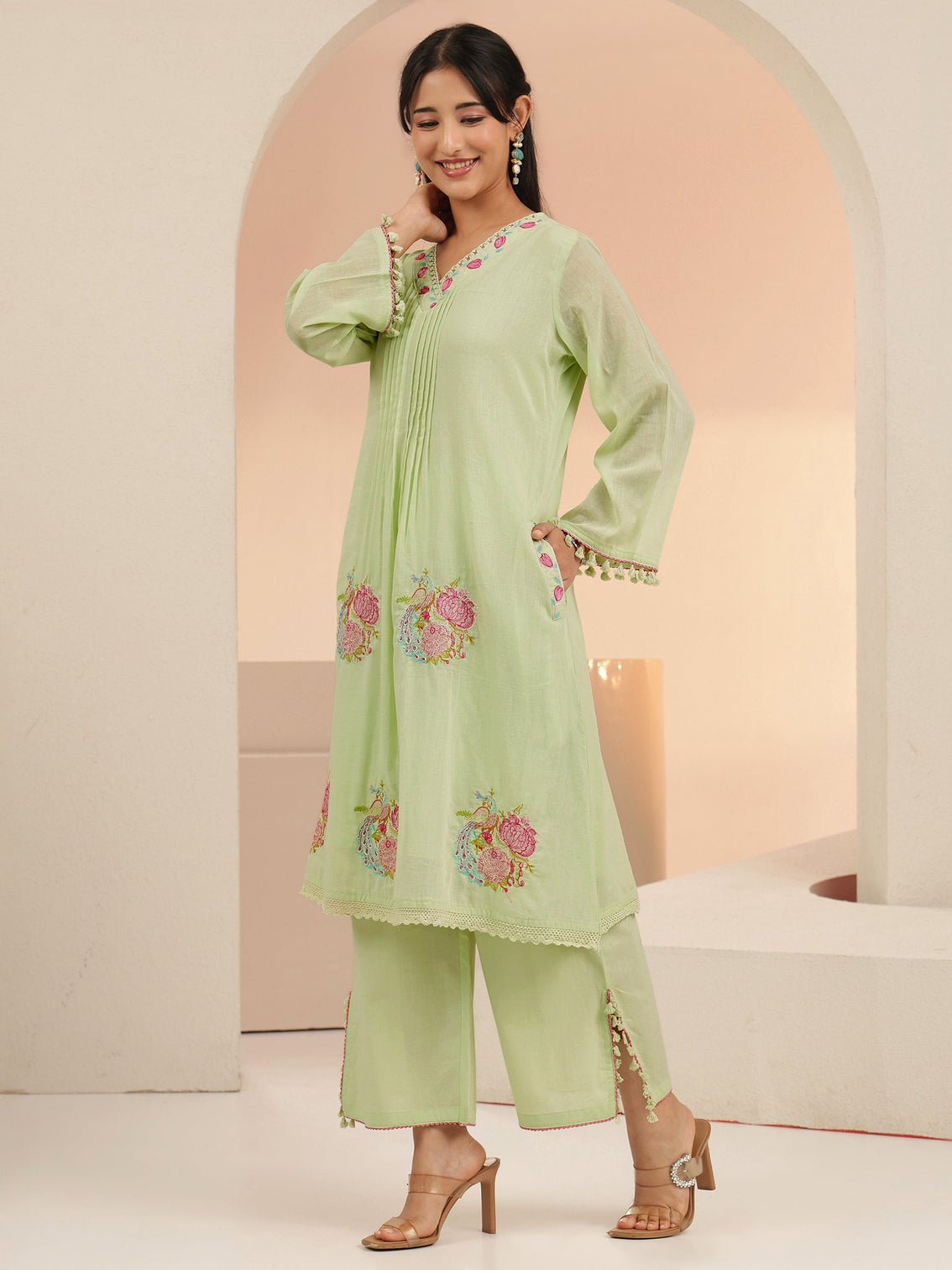 Mameraa Mint Green Peacock Motif Cotton A-Line Kurta Set