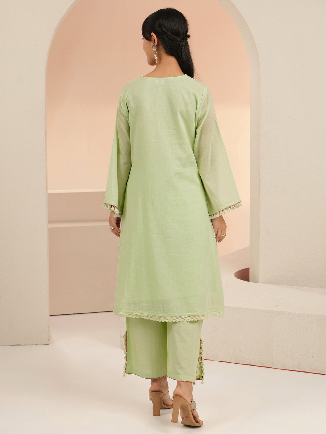 Mameraa Mint Green Peacock Motif Cotton A-Line Kurta Set