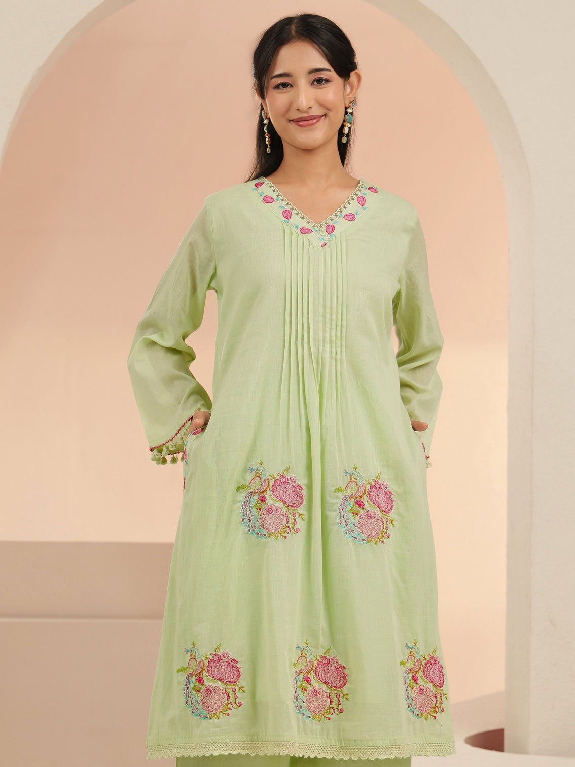 Mameraa Mint Green Peacock Motif Cotton A-Line Kurta Set