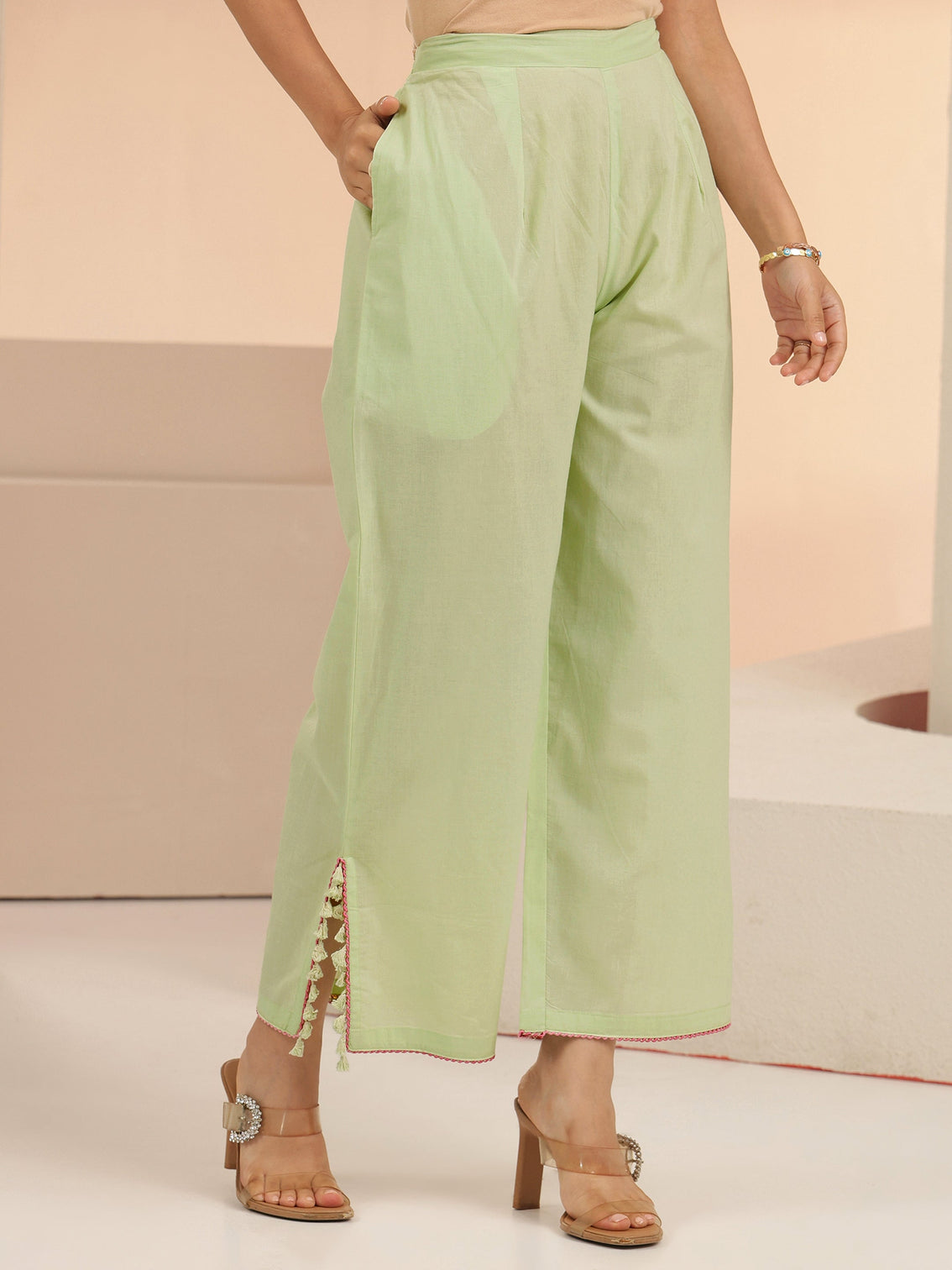 Mameraa Mint Green Peacock Motif Cotton A-Line Kurta Set