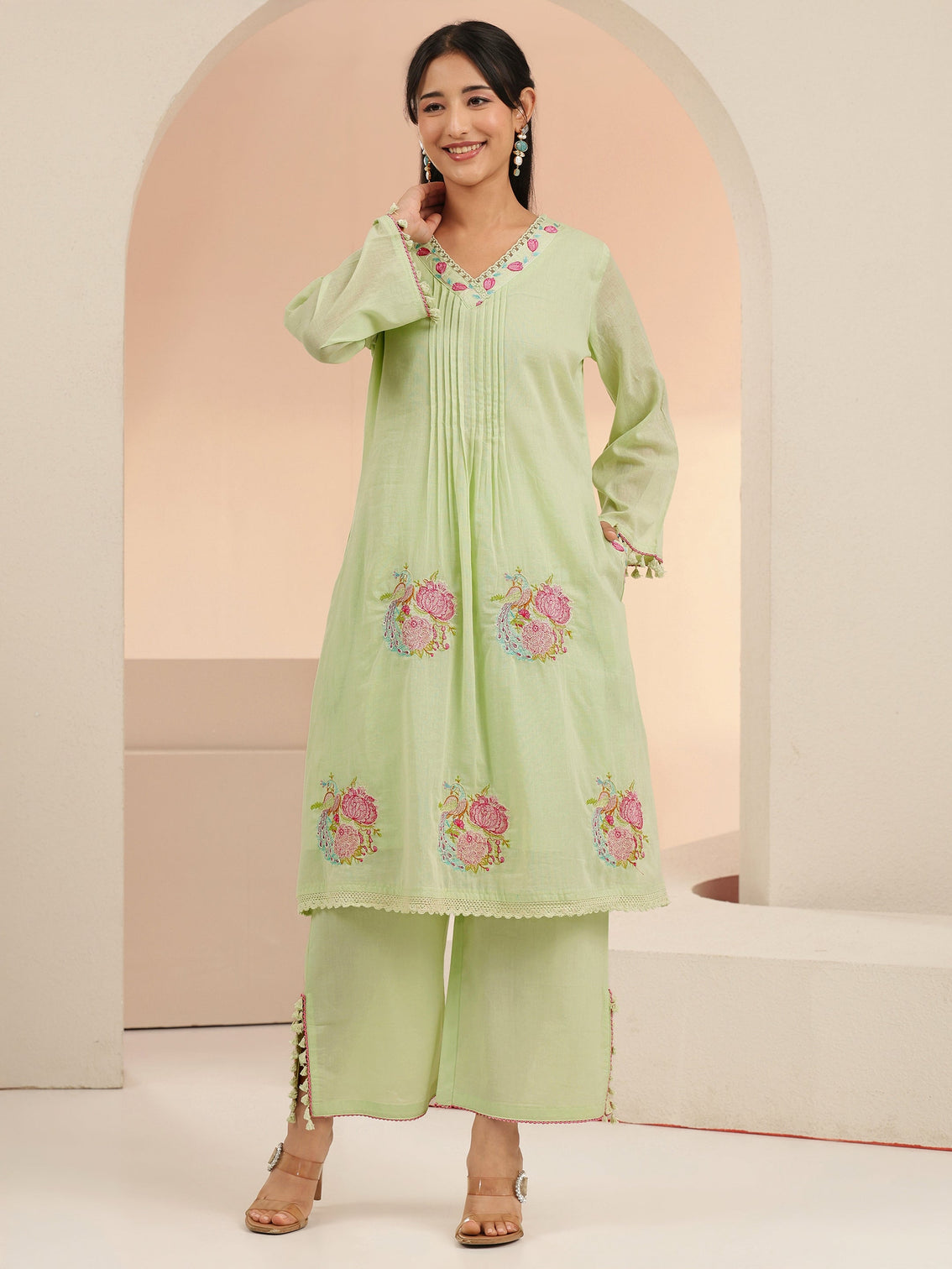Mameraa Mint Green Peacock Motif Cotton A-Line Kurta Set