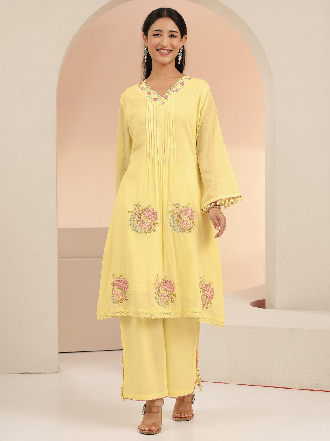 Mameraa Off White Peacock Motif Cotton A-Line Kurta Set