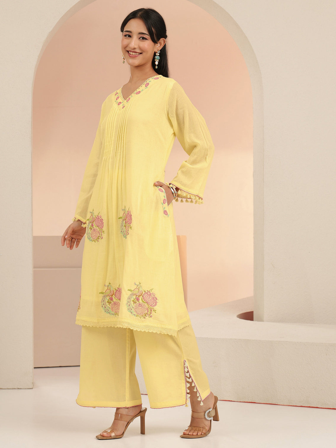 Mameraa Off White Peacock Motif Cotton A-Line Kurta Set